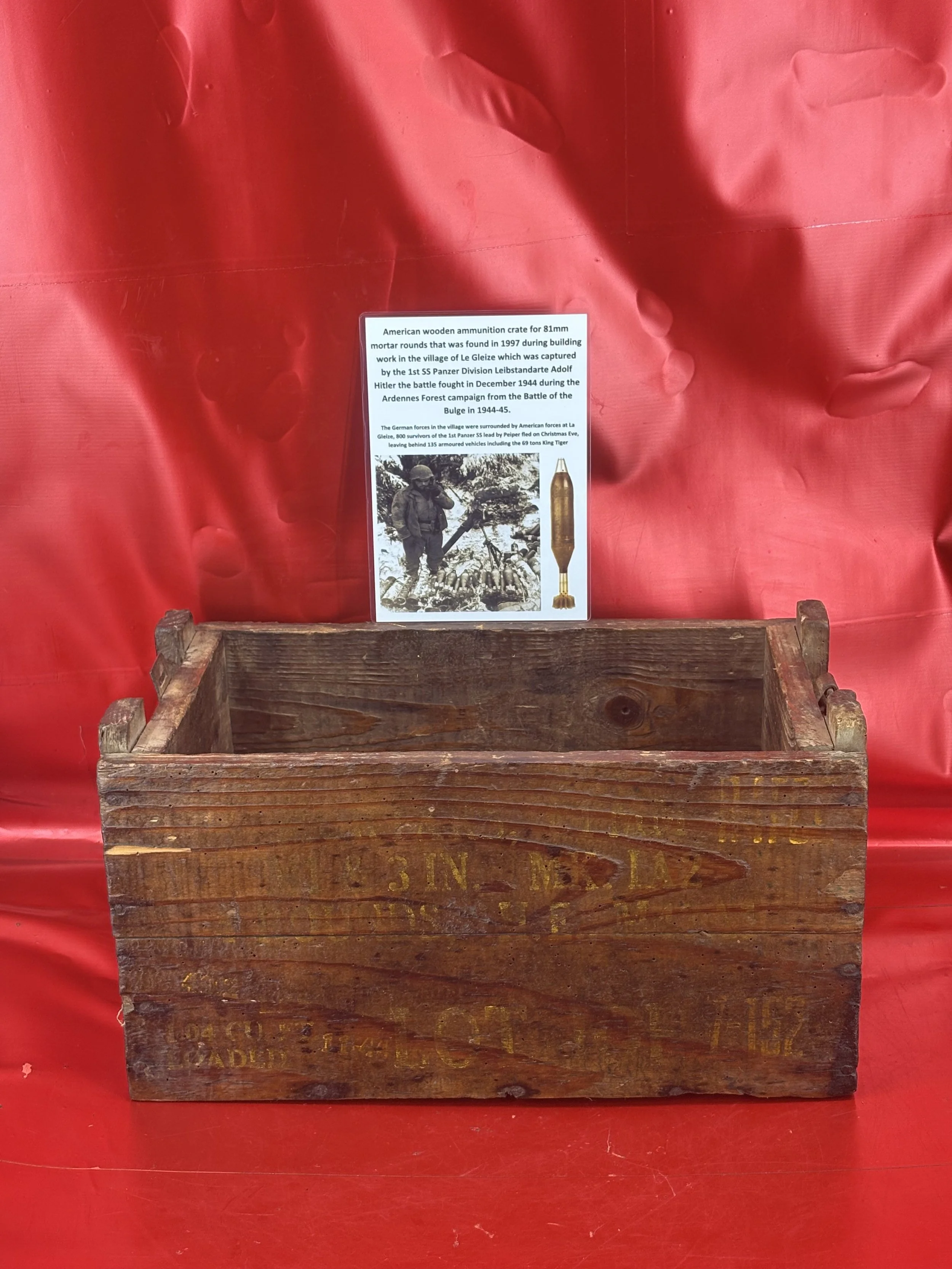 American wooden ammunition crate for 81mm mortar rounds,lots of original markings and stamps, found in 1997 in the village of Le Gleize, Ardennes forest 1944