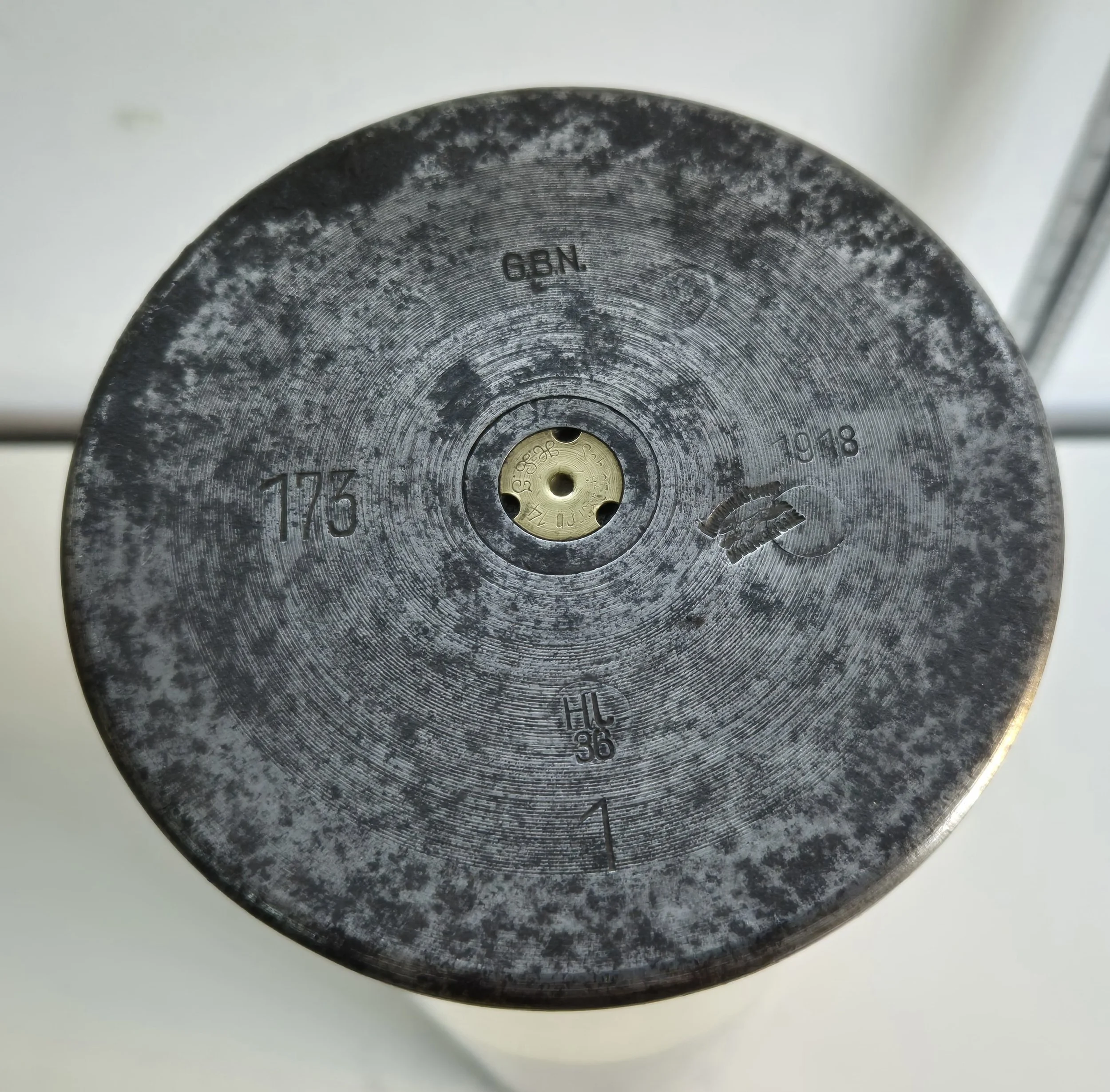 WW1 German brass and steel three piece shell case for the 10cm K /04  field gun dated 1918