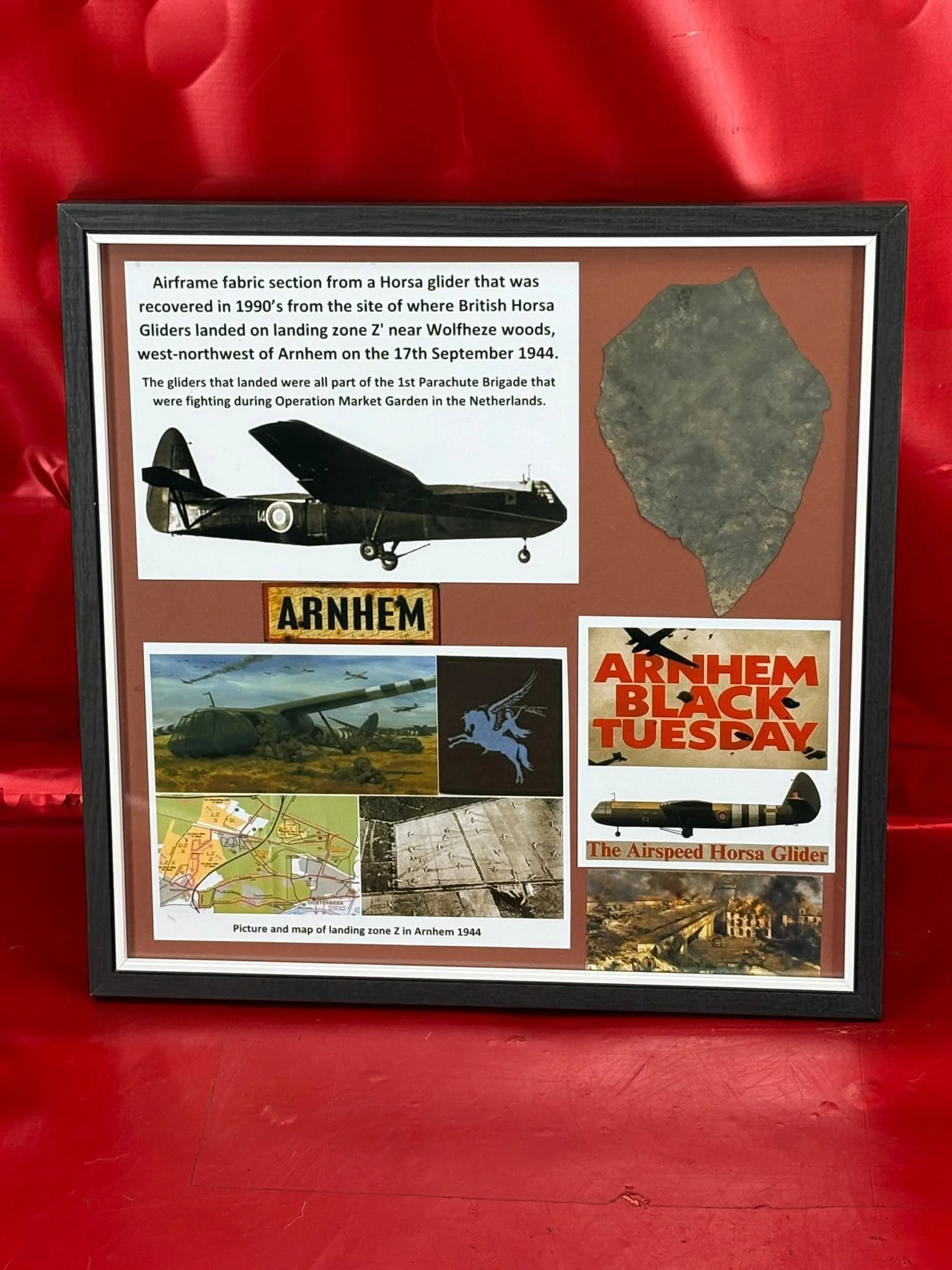 Glass-framed very rare airframe fabric section from a Horsa glider, recovered in 1990’s from the site of where British Horsa Gliders landed on zone Z' near Wolfheze woods in Arnhem 1944