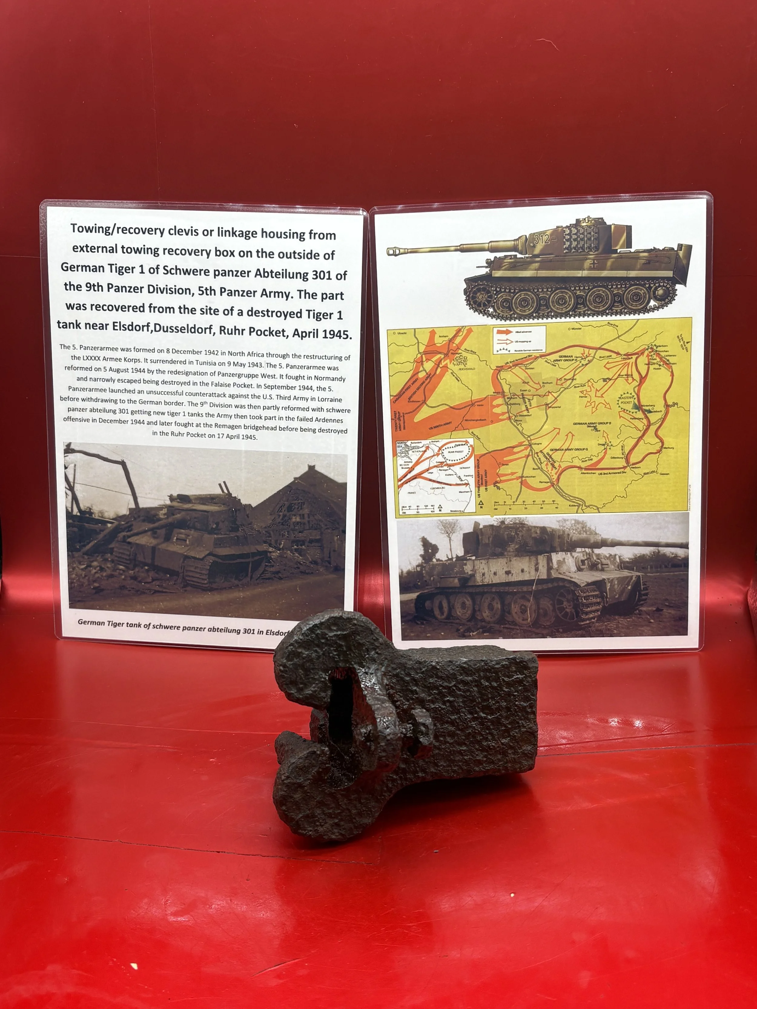 Towing/recovery clevis or linkage housing from external towing recovery box from outside of German tiger 1 tank recovered near Elsdorf south of Dusseldorf in the Ruhr Pocket April 1945