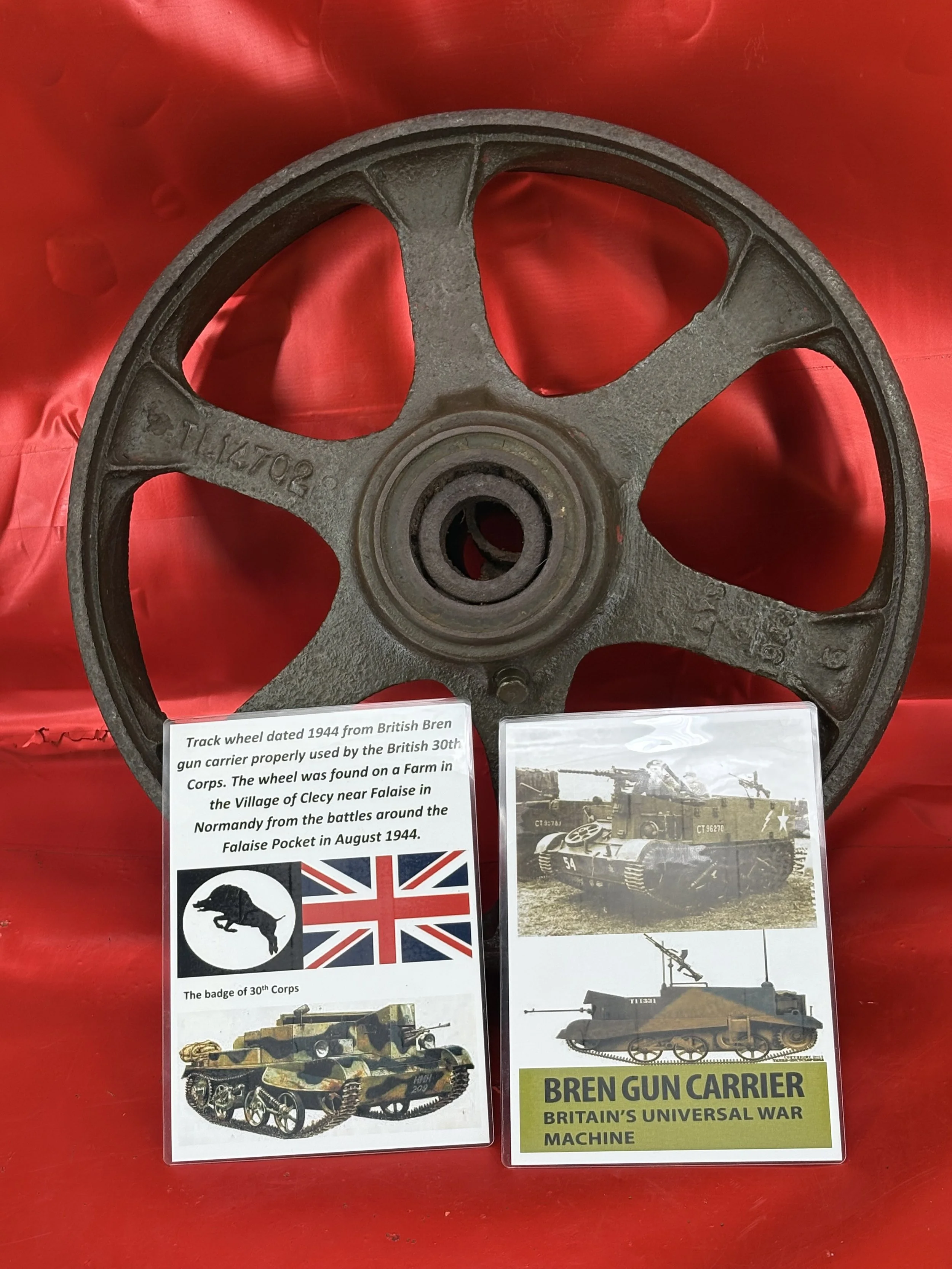 Lovely track wheel dated 1944 from British Bren gun carrier properly used by the British 30th Corps which was found on a Farm in the Village of Clecy near Falaise in Normandy from the 1944 battlefield