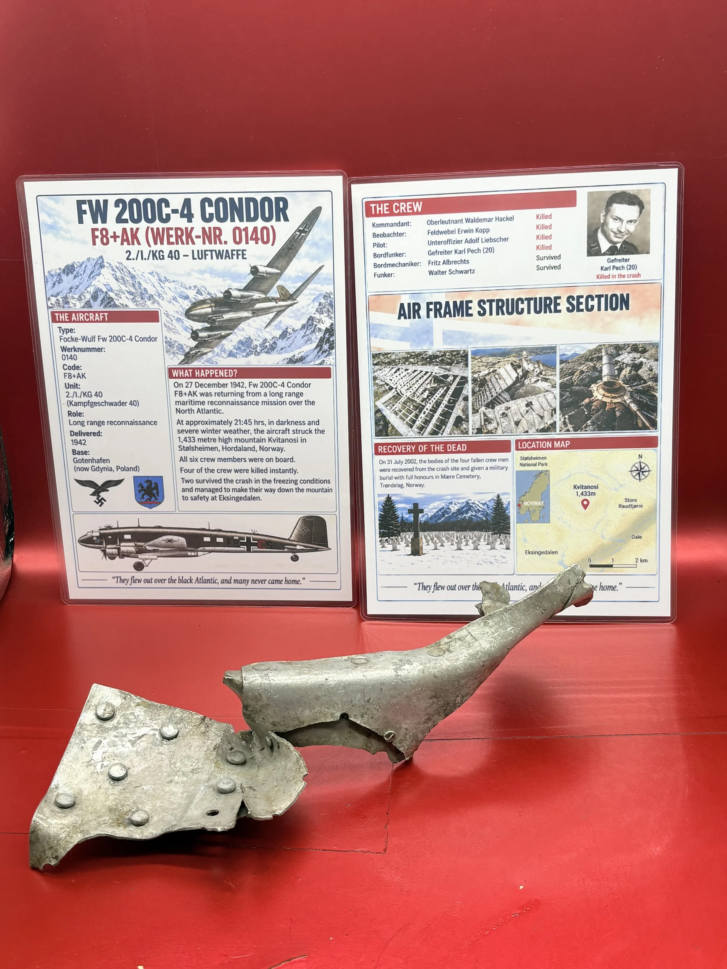 Nice clean aluminium airframe structure section from German Focke-Wulf Fw 200C-4 Condor number 0140 on return from patrol crashed in to mountains in Norway on 27 December 1942