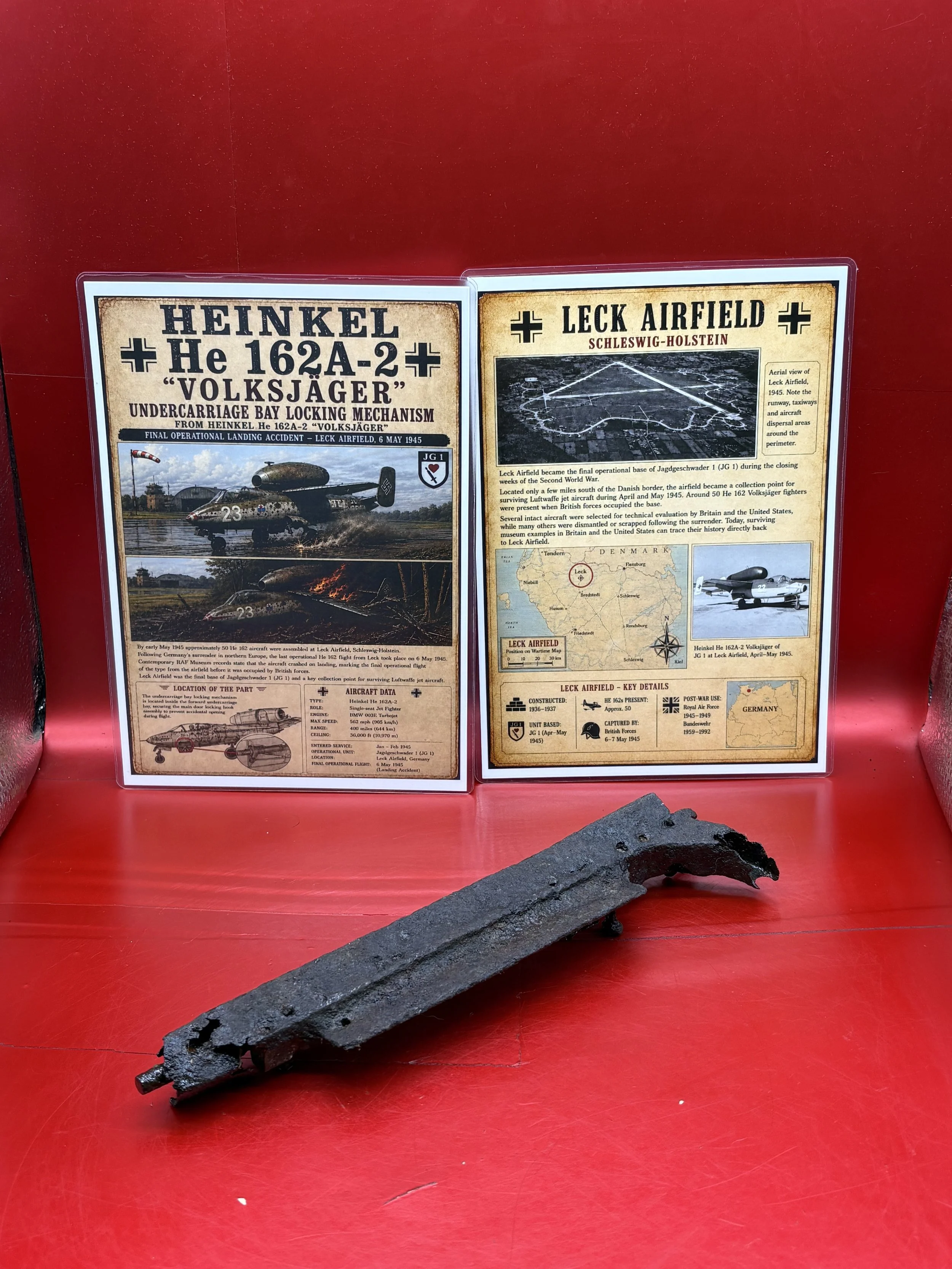 Totally rare undercarriage bay locking mechanism from the last operational flight of a Heinkel He 162 Volksjäger jet which crashed on landing at Leck Airfield on May 6, 1945