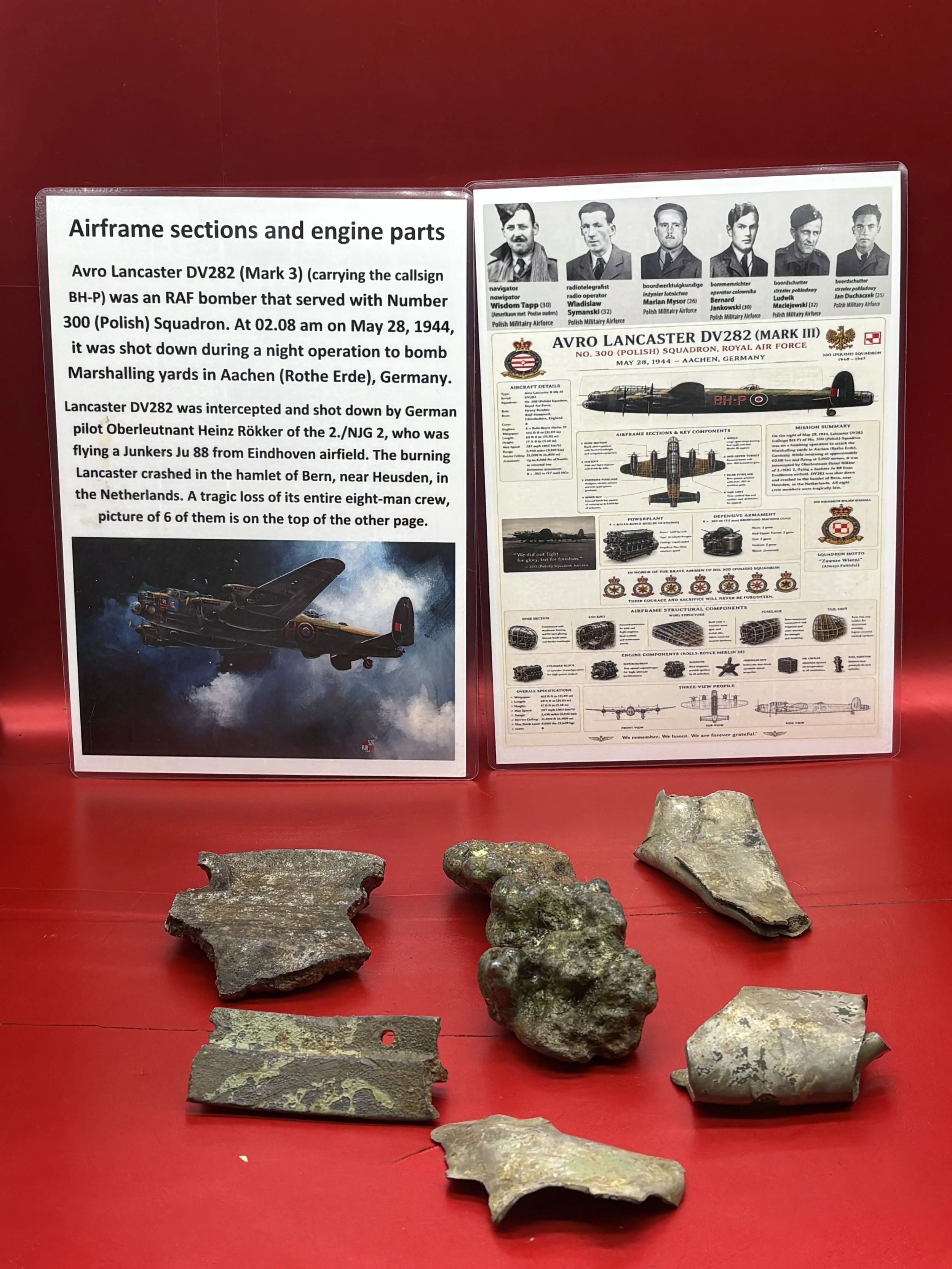 Airframe and engine parts,nice clean parts with paintwork from Avro RAF Lancaster DV282 bomber in Number 300 (Polish) Squadron shot down on May 28, 1944 attacking Marshalling yards in Aachen