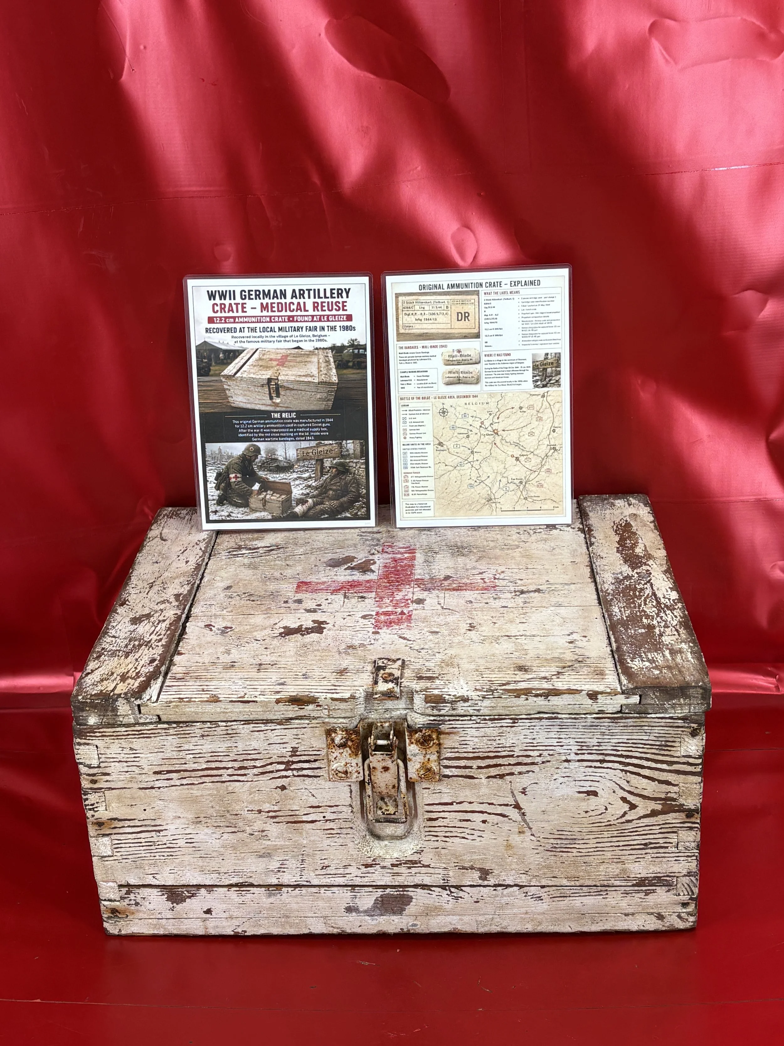 German artillery crate for Russian 12.2cm shells with paper label dated 1944 that was re used as a medical crate with bandages found on a fair at Le Gleize in the Ardennes Forest 1944-45
