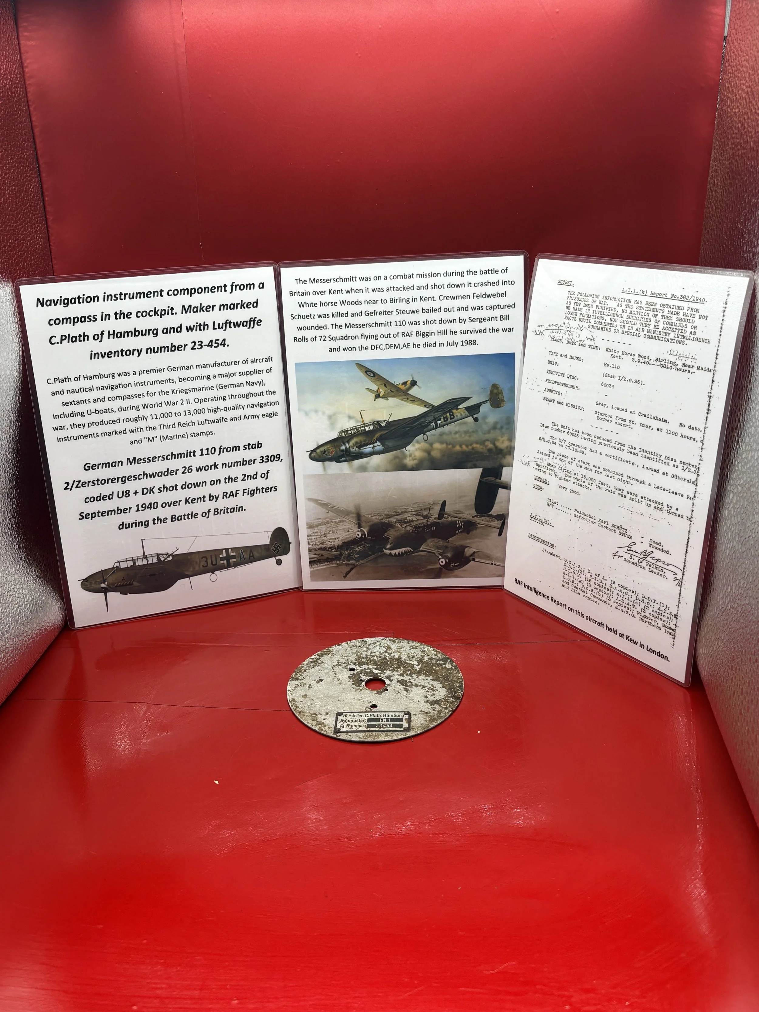 Navigation instrument component with maker label from a compass in the cockpit of German Messerschmitt 110 number 3309 shot down 2nd September 1940 crashed Maidstone in the battle of Britain