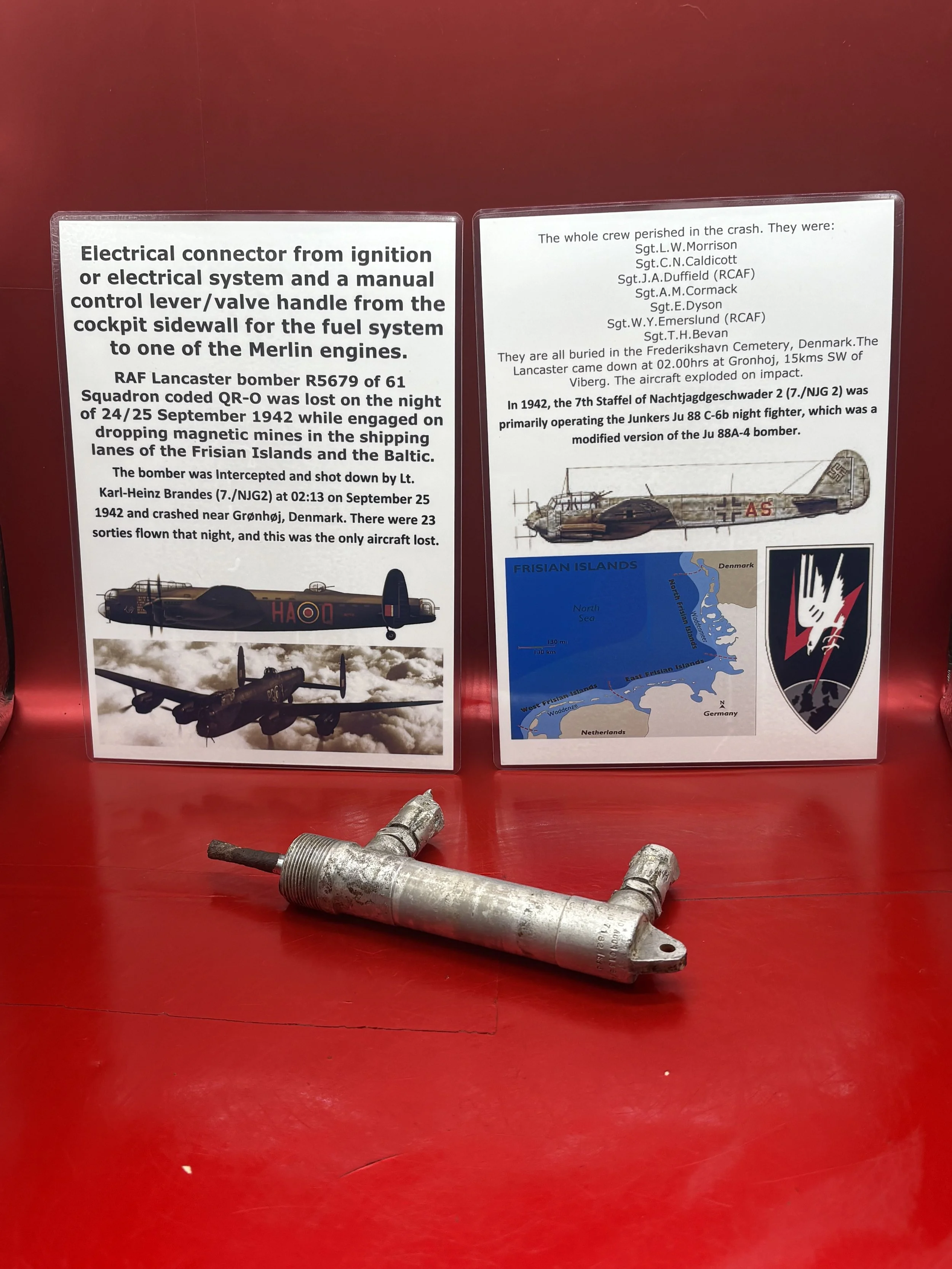Hydraulic control valve/pressure system for operating landing gear, flaps or brakes,RAF Lancaster bomber R5679 of 61 Squadron shot down,night of 24/25 September 1942 by German nightfighter in Denmark