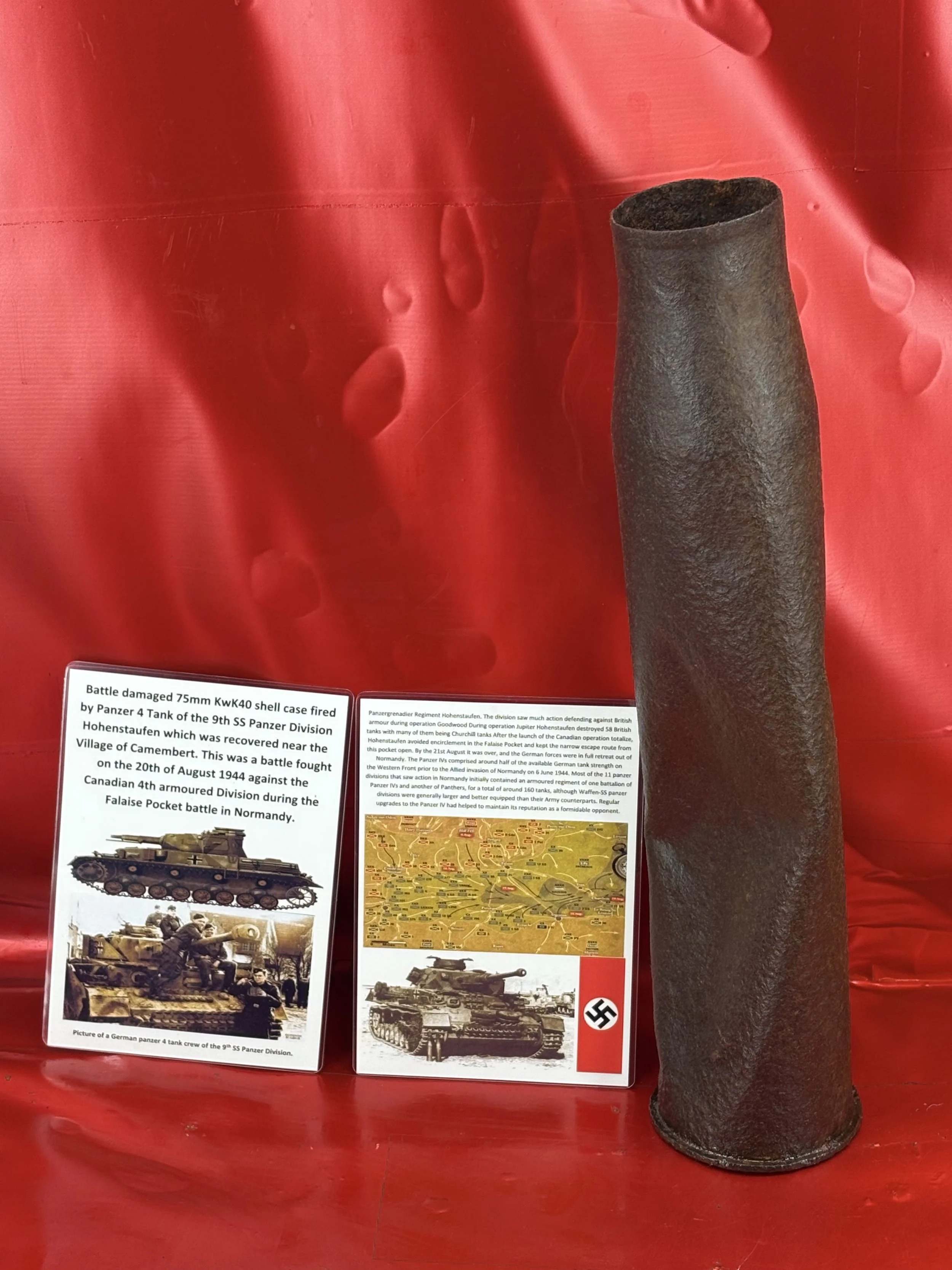 Battle damaged 75mm KwK40 shell case fired by Panzer 4 Tank of the 9th SS Panzer Division Hohenstaufen recovered near the Village Camembert,battle fought on the 20th of August 1944 in Falaise pocket
