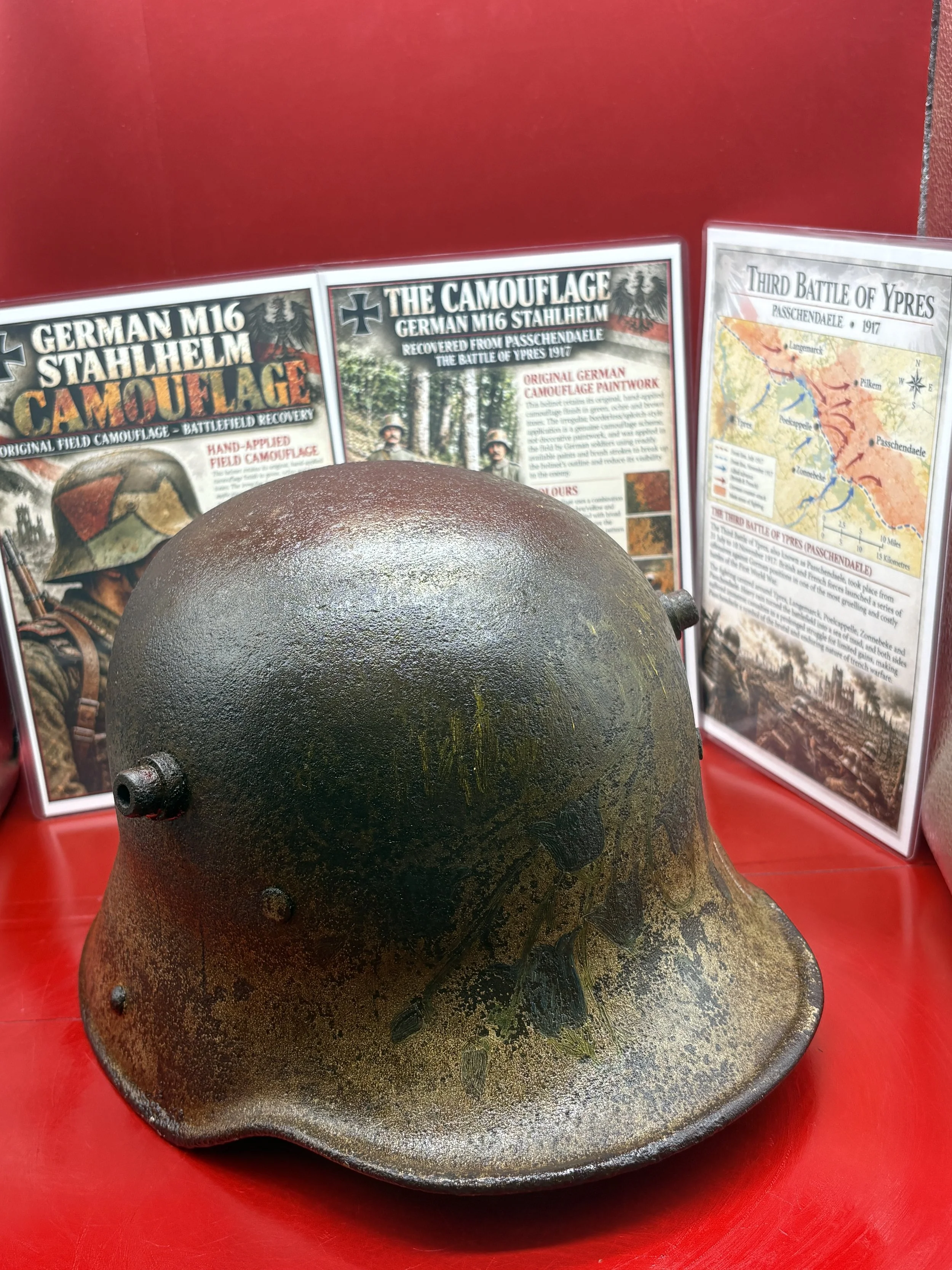 Very rare to find German M1916 steel helmet [fantastic relic condition] lots of clear to see original camouflage paintwork,liner ring- recovered many years ago, battlefield of Passchendaele,Ypres 1917