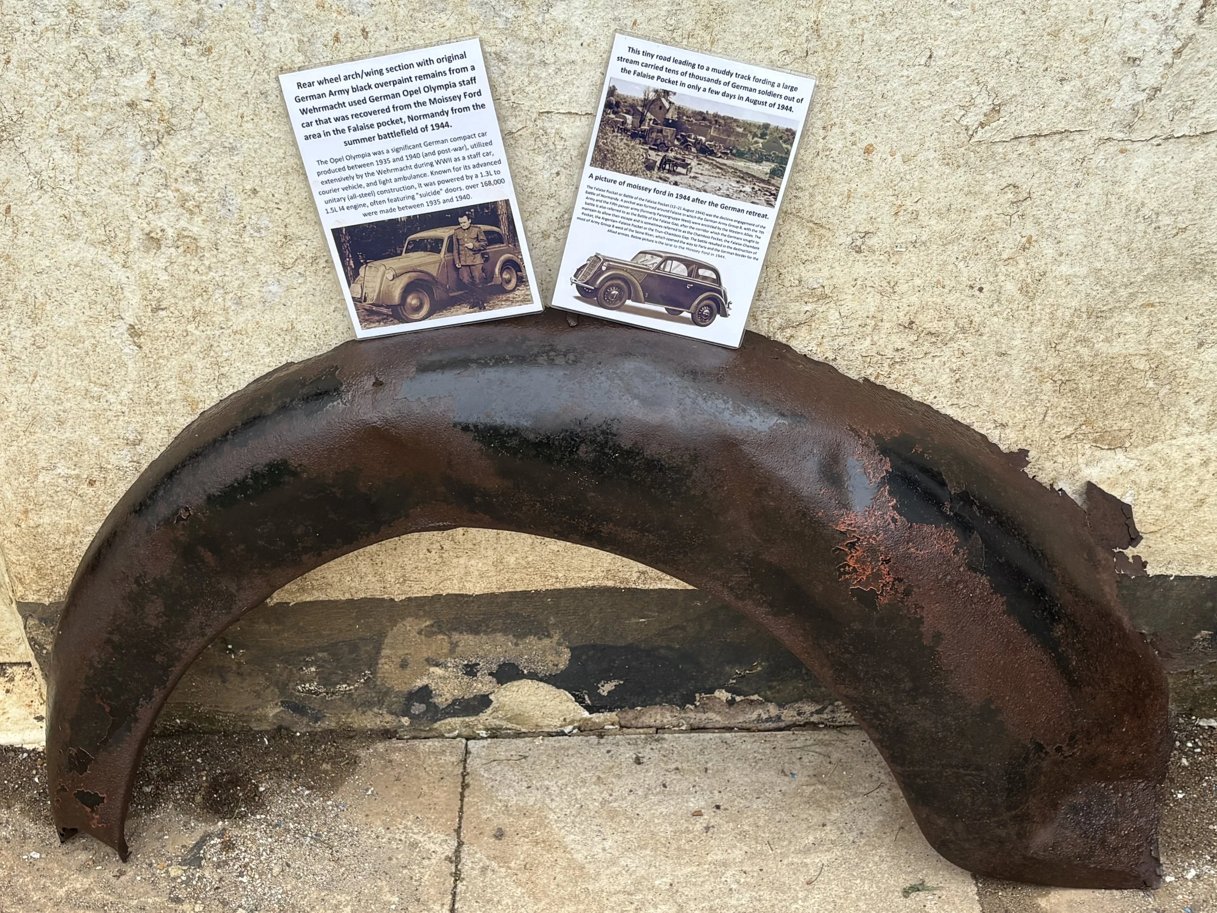 Very rare Rear wheel arch/wing section with original German Army black overpaint remains from, Wehrmacht used Opel Olympia staff car, recovered from Moissey Ford area in Falaise pocket,Normandy 1944