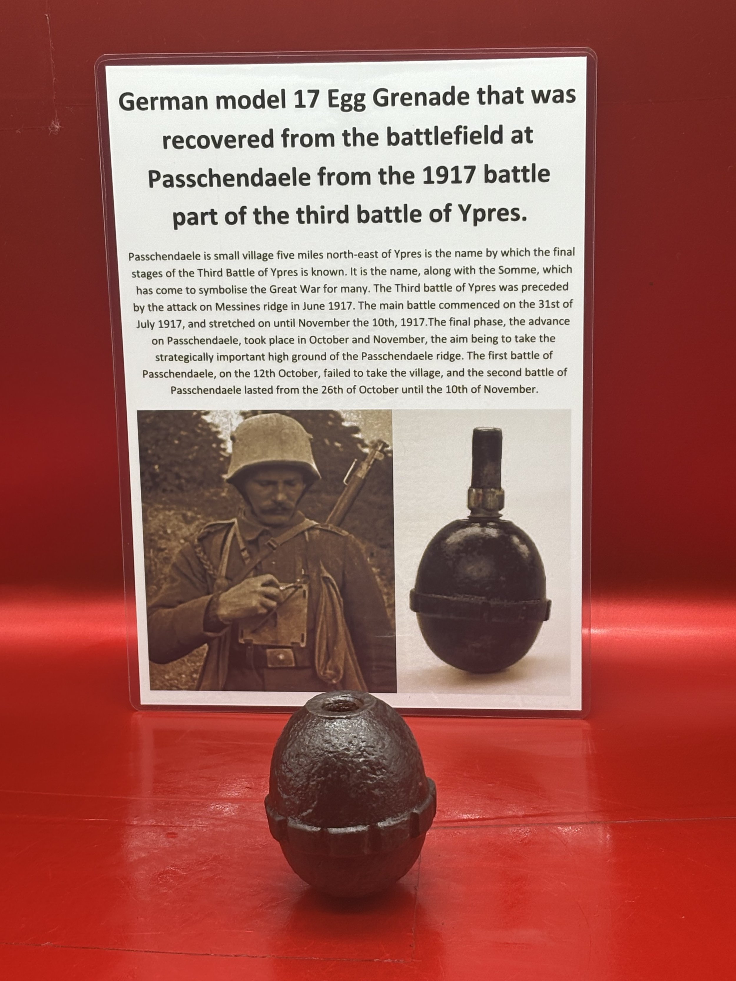 German model 17 Egg Grenade,lovely relic condition,maker marked that was recovered from the battlefield at Passchendaele from the 1917 battle part of the third battle of Ypres.