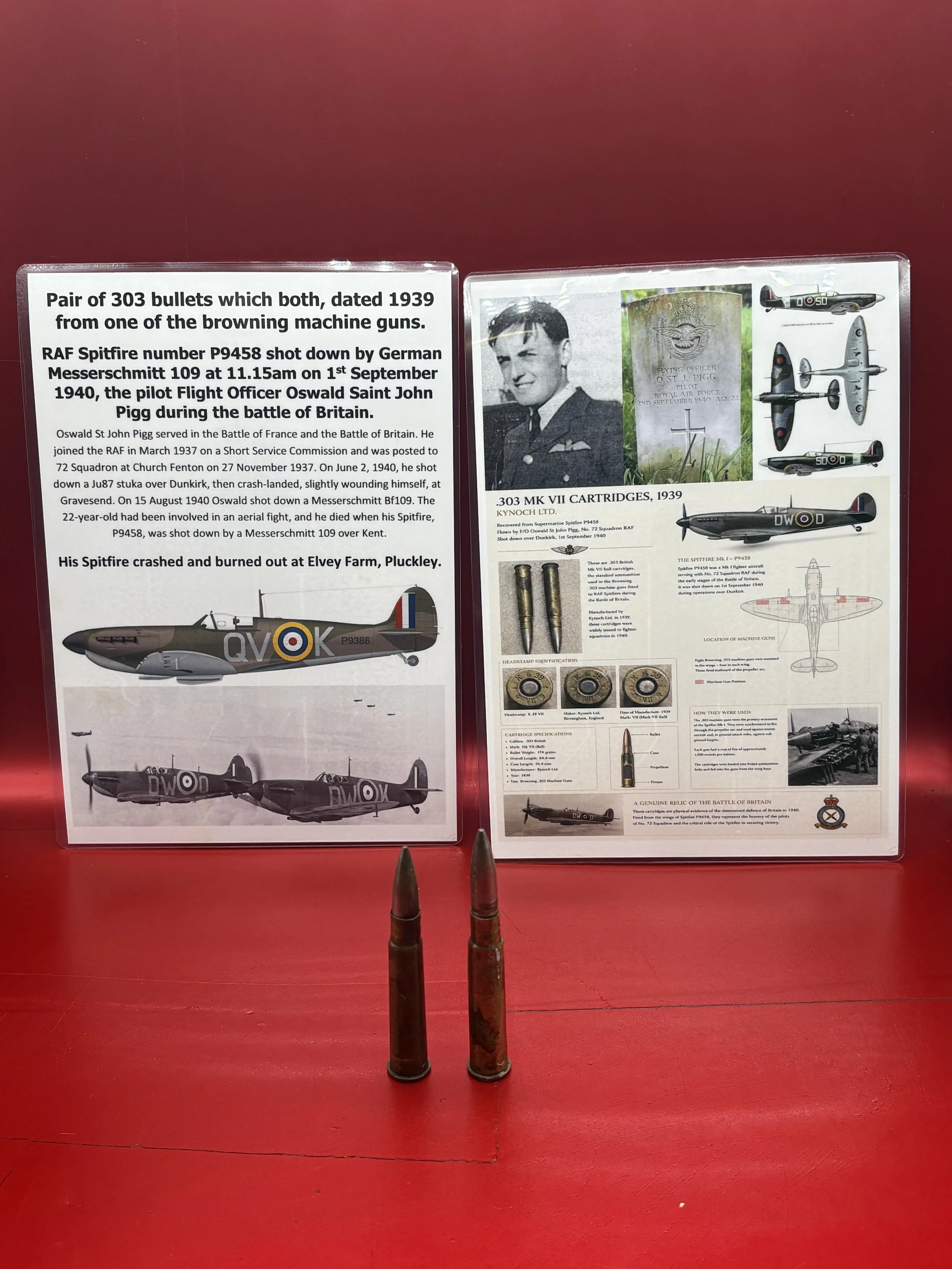 Pair of fantastic 303 bullets both, dated 1939 from one of the browning machine guns, from RAF Spitfire number P9458, shot down by German Messerschmitt 109, on 1st September 1940,battle of Britain   .