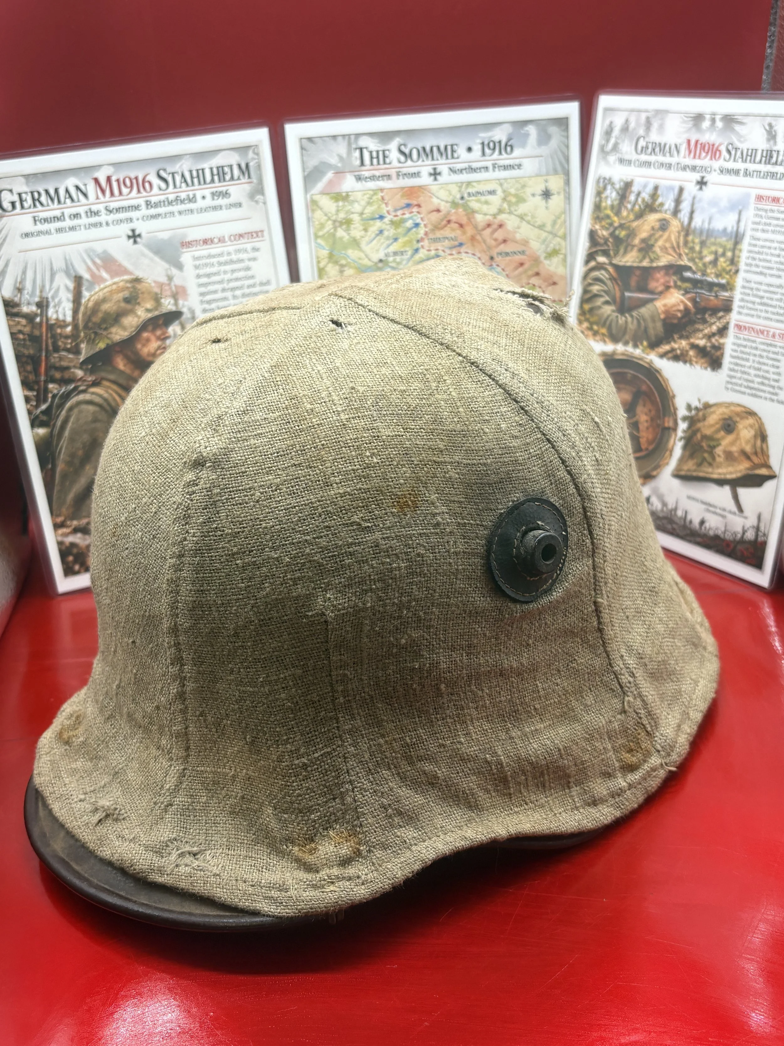 Very rare to find cloth covered[Tarnbezig] German M1916 steel helmet [fantastic condition],complete leather liner, near all original green paintwork found on the Somme battlefield 1916-18