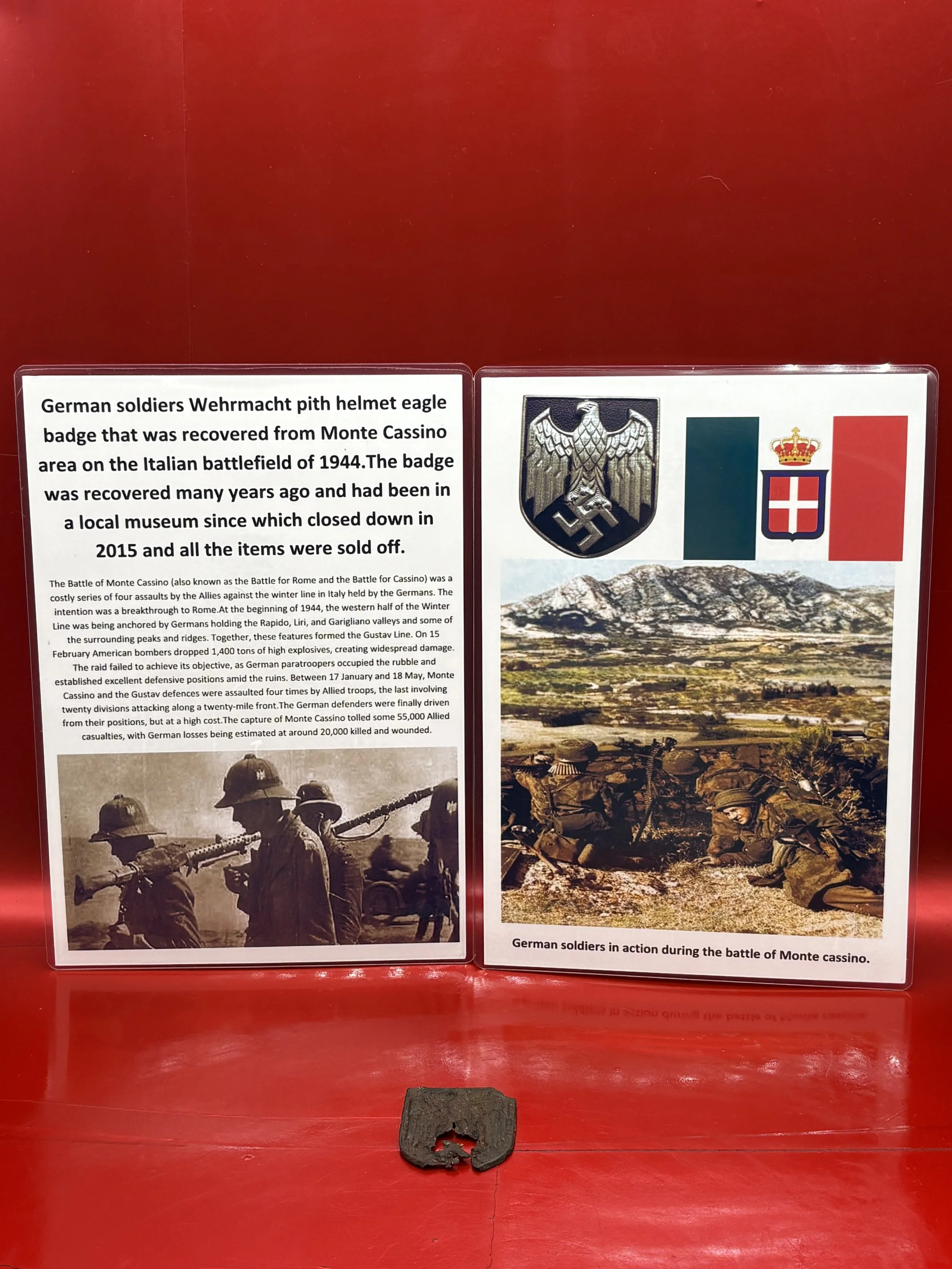 German soldiers Wehrmacht pith helmet eagle badge that was recovered from Monte Cassino area on the Italian battlefield of 1944, which was recovered many years ago and had been in a local museum