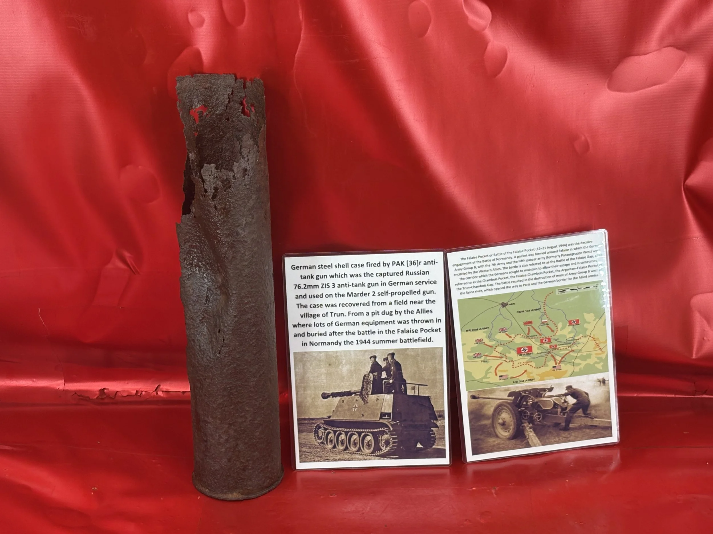 German steel shell case fired by PAK [36]r anti-tank gun/captured Russian 76.2mm ZIS 3 anti-tank gun in German service and on Marder 2 self-propelled gun,recovered near Trun in Normandy 1944 battle