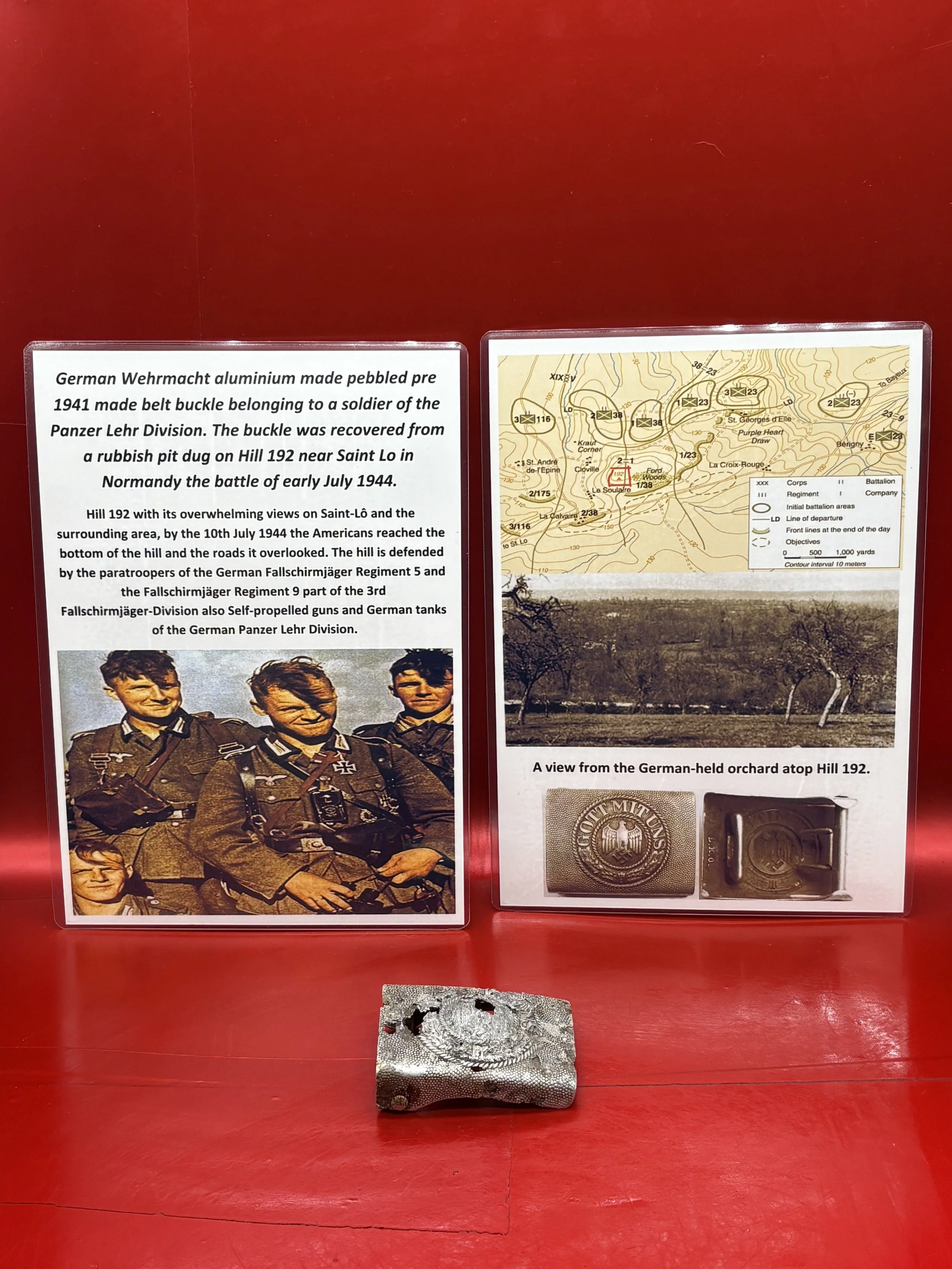 German Wehrmacht pre 1941 aluminium made pebbled finish belt buckle,lovely relic condition belonging to soldier in Panzer Lehr, recovered in 2000’s from a rubbish pit dug on Hill 192 in Normandy 1944