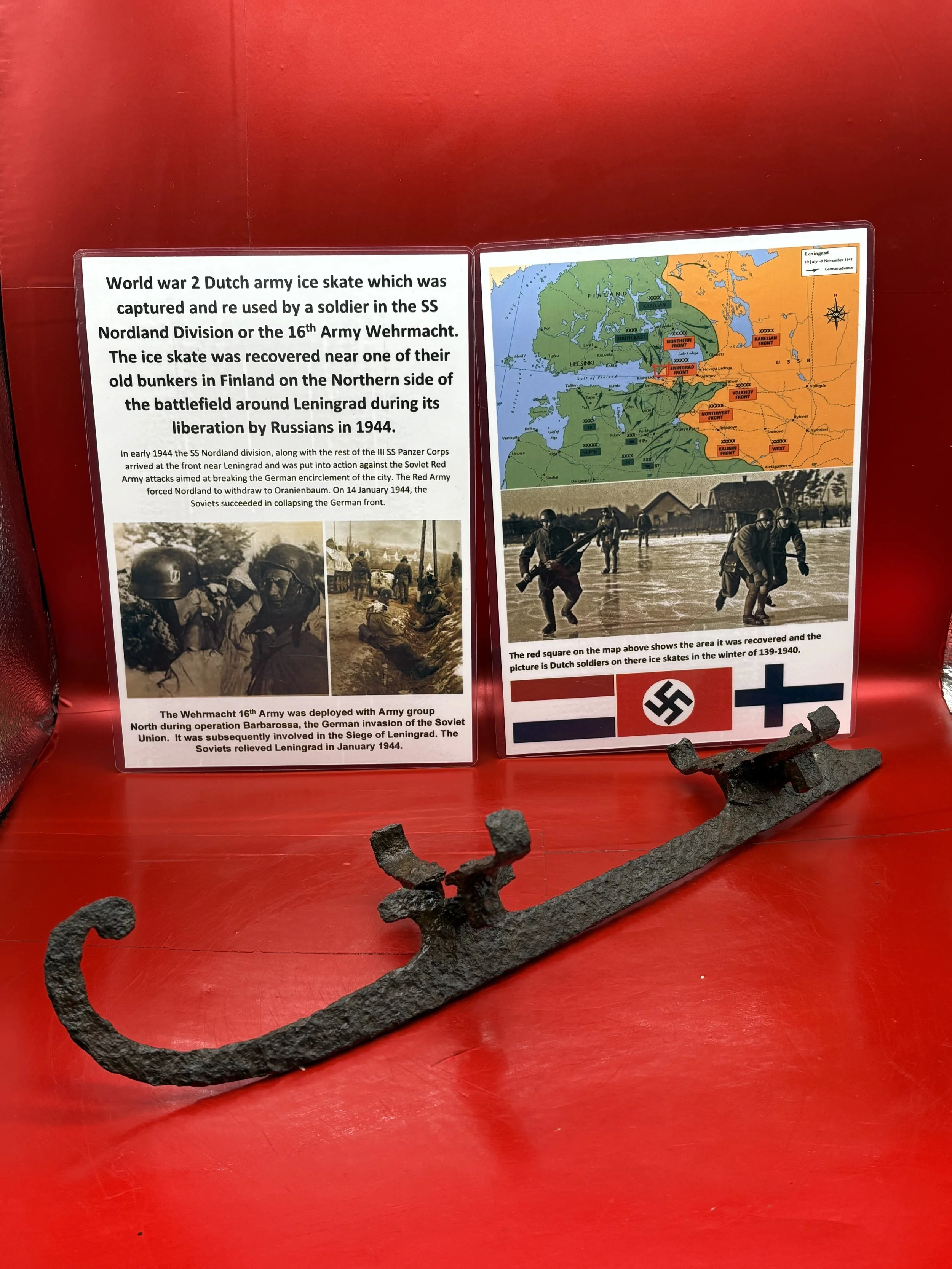 Rare World war 2 Dutch army ice skate which was captured and re used by a soldier in the SS Nordland Division or 16th Army Wehrmacht recovered from their old bunkers in Finland north of Leningrad 1944