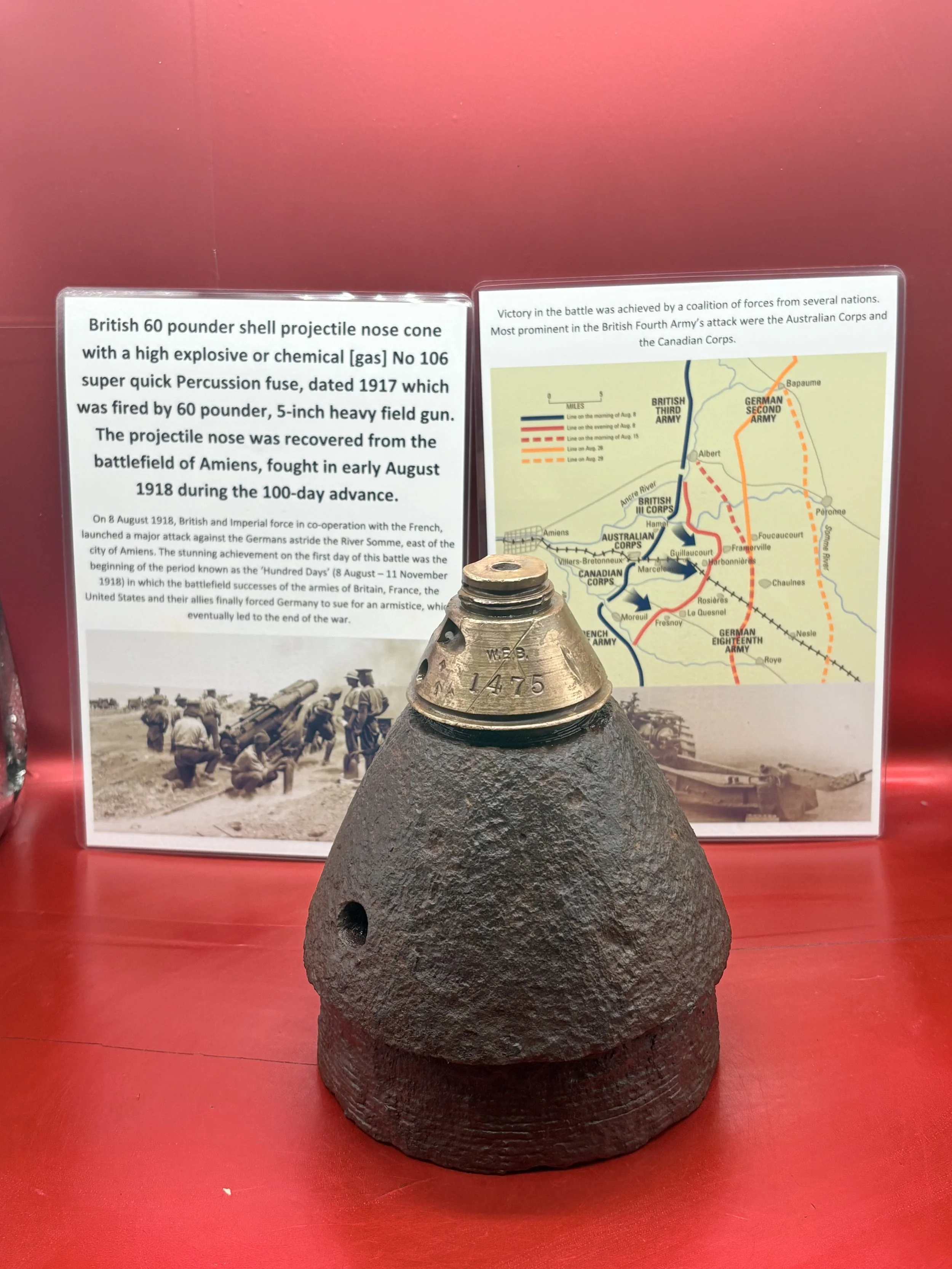 British 60 pounder shell projectile nose cone with a high explosive or chemical [gas] No 106 super quick Percussion fuse, dated 1917, fired by 5-inch heavy field gun recovered from battle Amiens 1918
