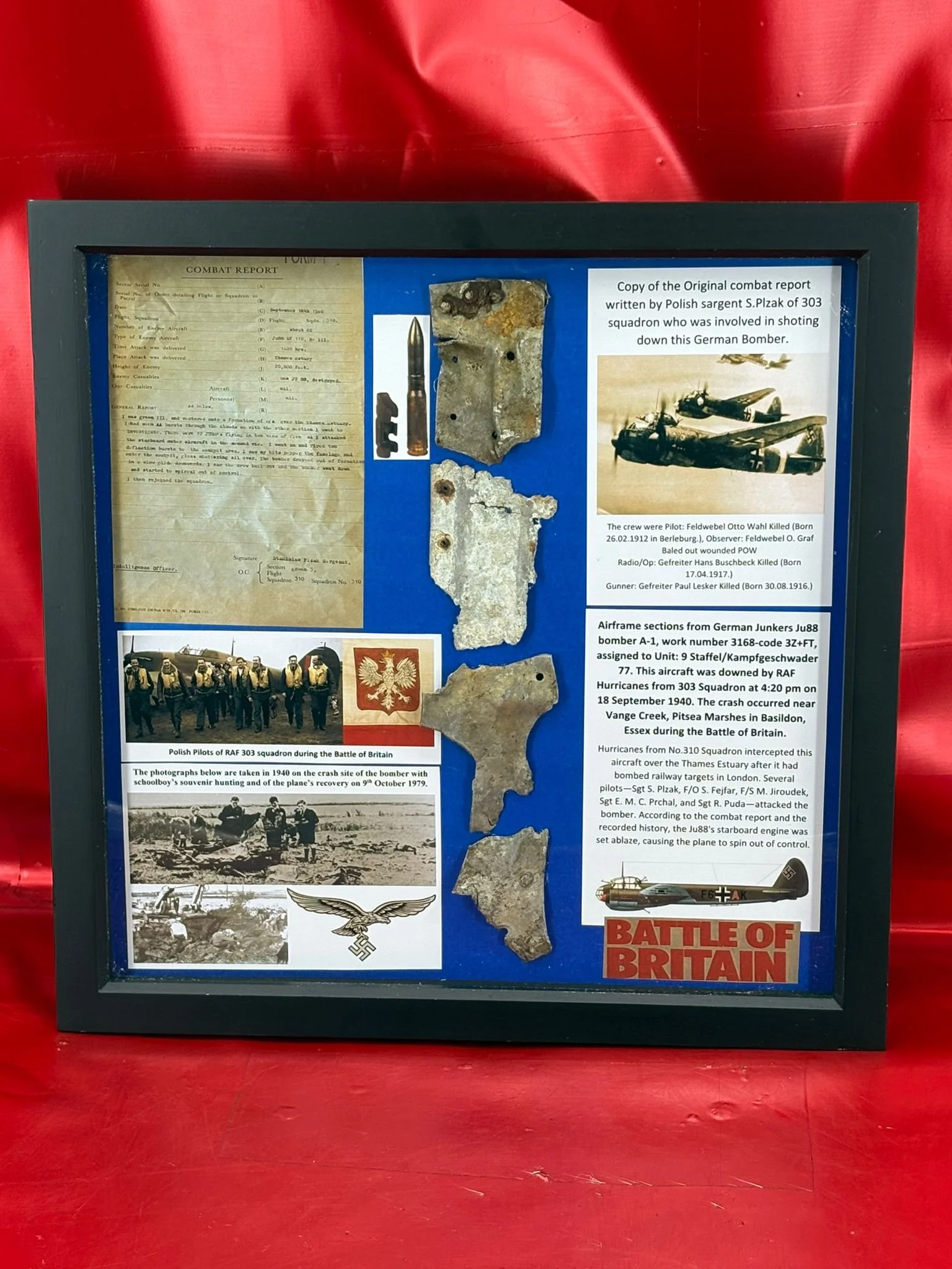 Rare large glass framed combat report with airframe sections all relating to German Junkers Ju88 A-1 work number 3168 shot down by 303 squadron Hurricanes on 18th September 1940,crashed at Dorking