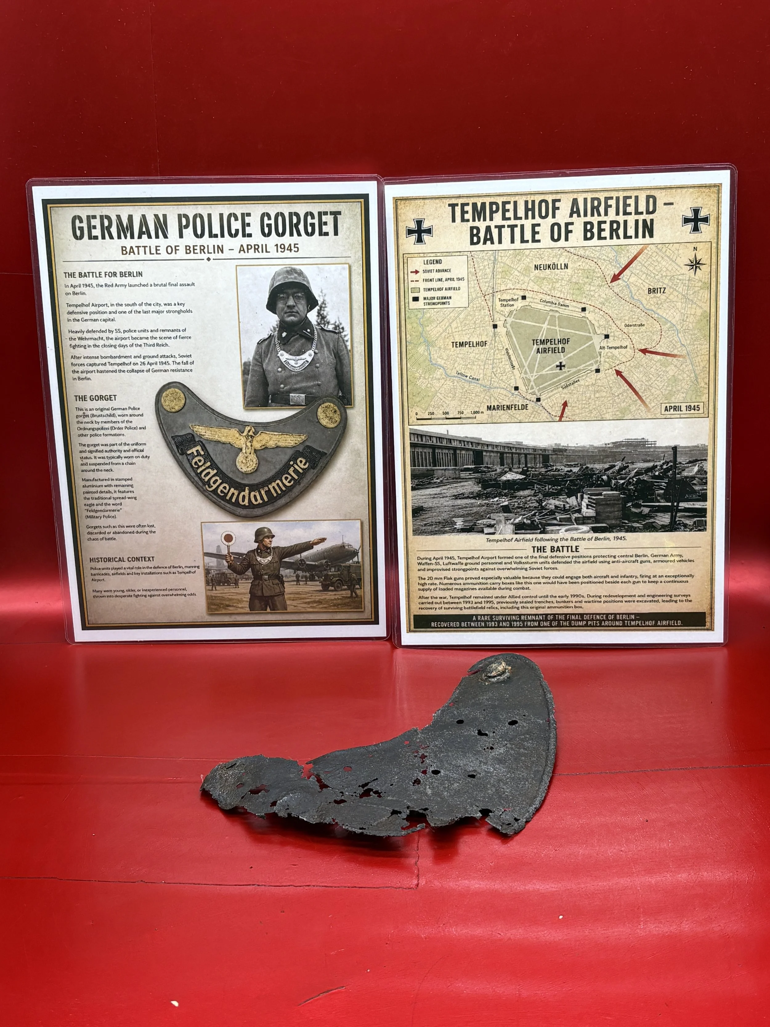 Relic German Feldgendarmerie {police} soldier's gorget with some original paintwork, colour remains recovered in 1993-1995 around Tempelhof airport from the Battle of Berlin, April 1945