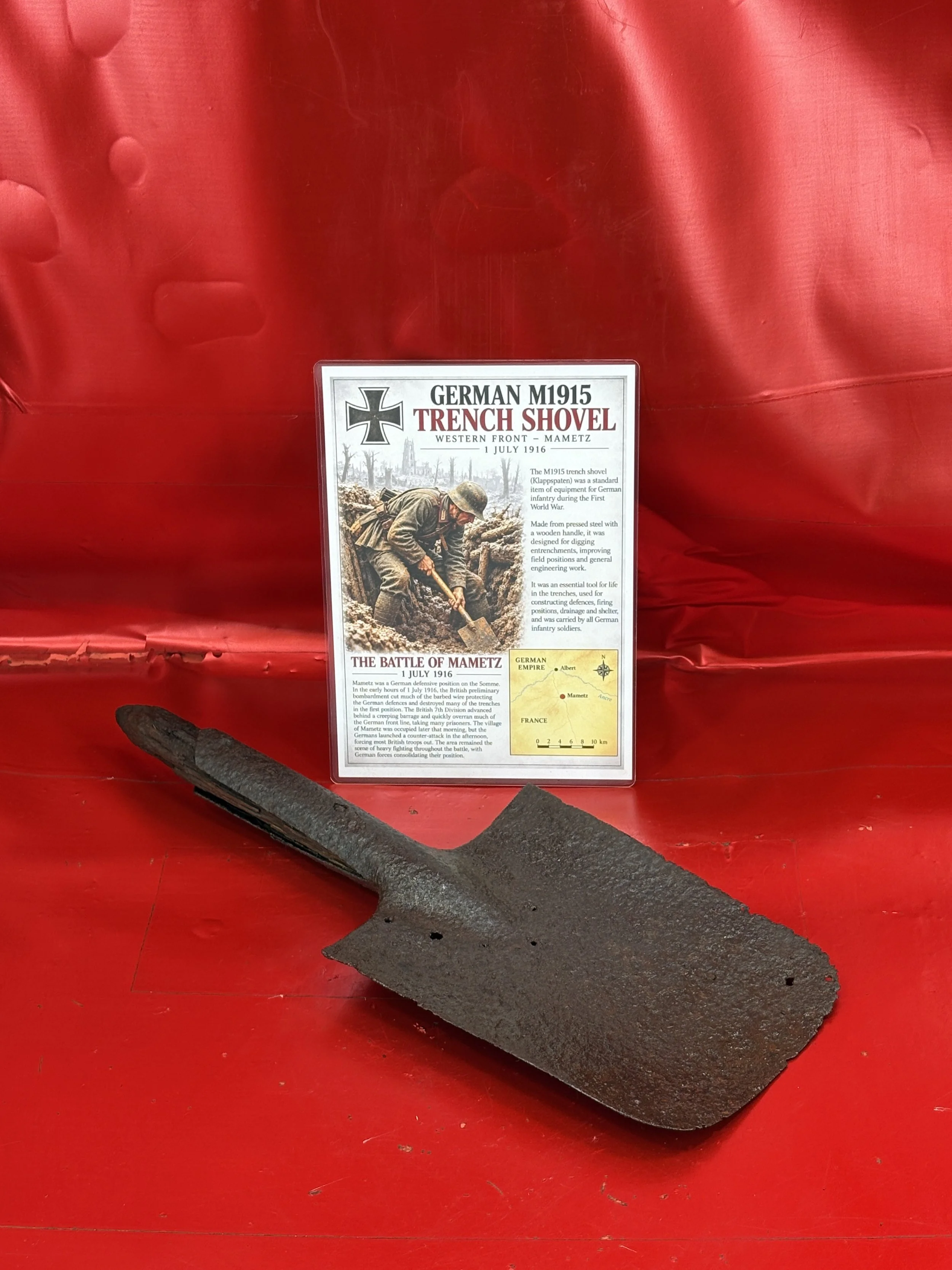 German soldiers M15 shovel with wooden handle remains recovered  in an old German Trench line near the village of Mametz on the Somme battlefield of July 1916