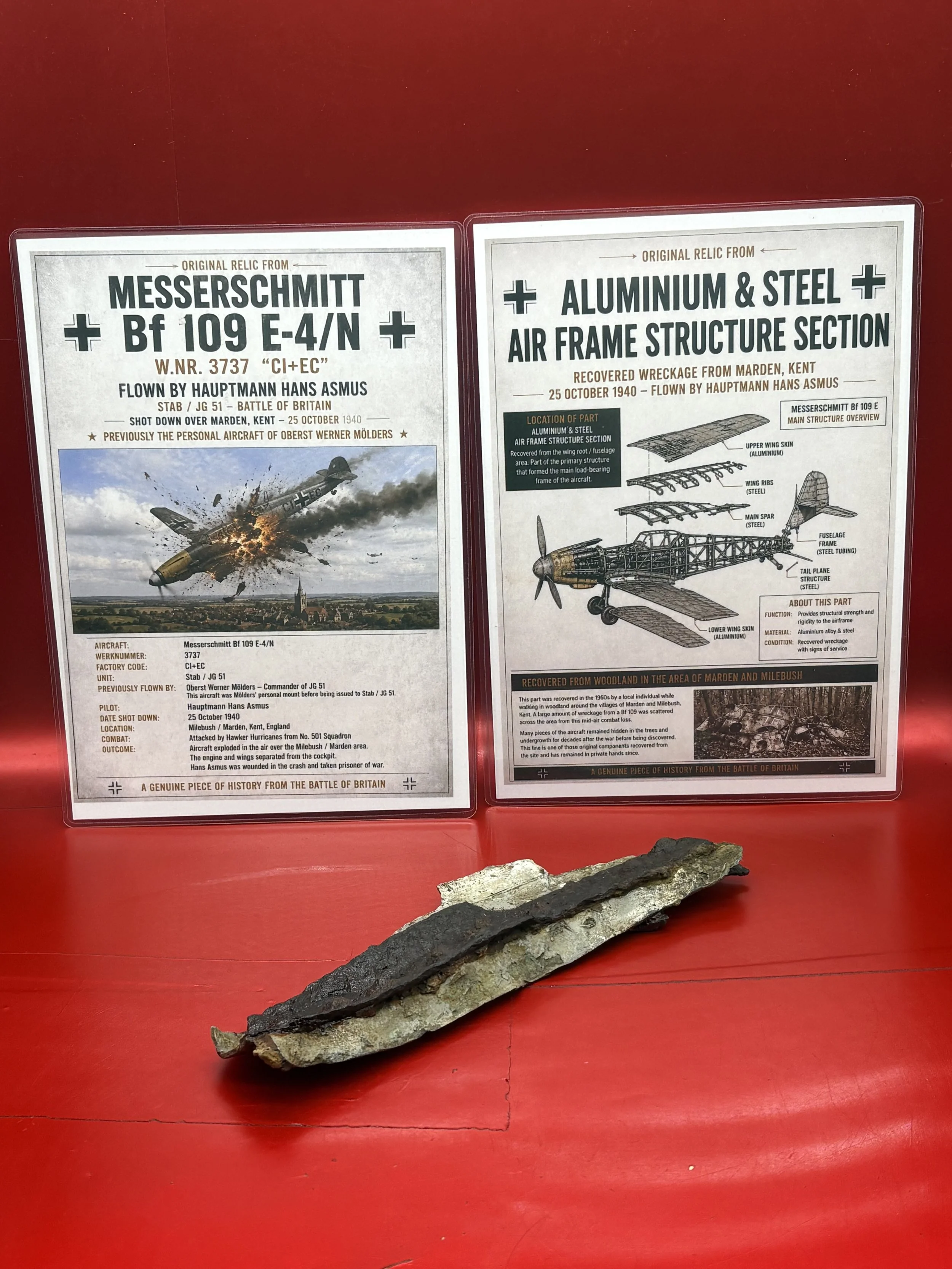 Aluminium/steel airframe structure from famous Messerschmitt 109 number 3737 originally flown by ace Werner Molders,flown day by Hauptmann Asmus shot down on 25 October 1940,crashed at Marden, Kent