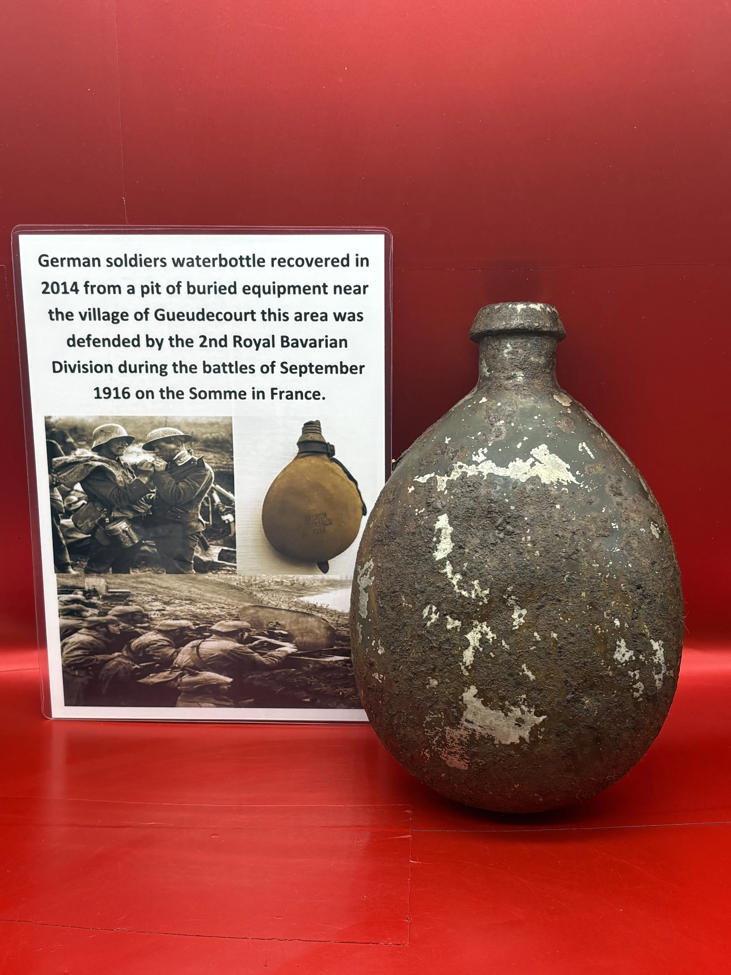 German army issue water bottle with some original colour recovered in 2014 from a pit near Gueudecourt, Somme battlefield 1916.