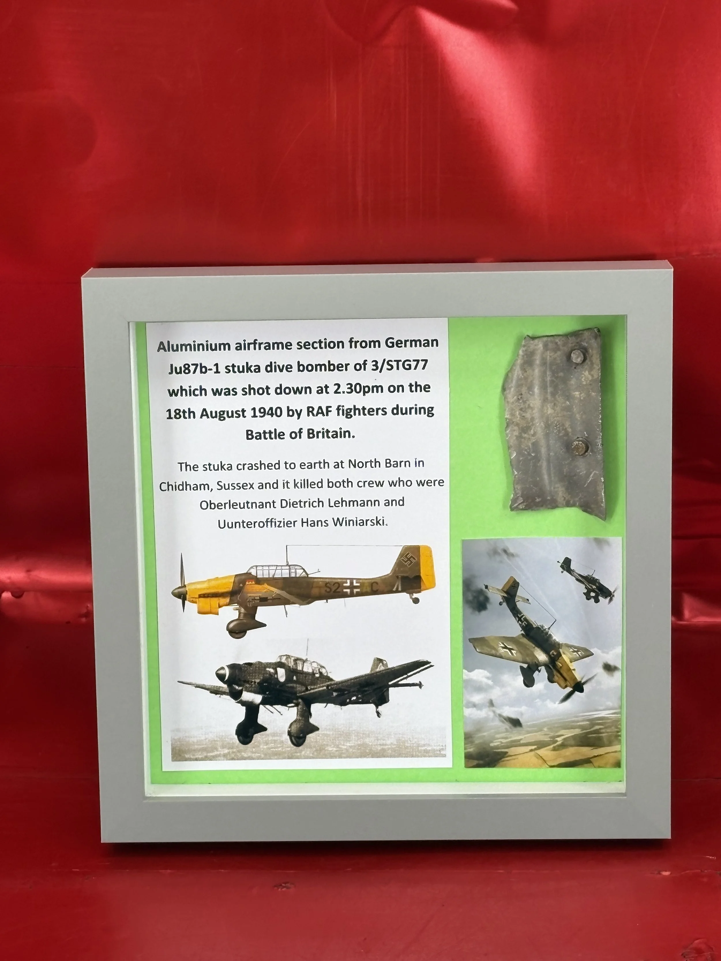 Glass-framed small aluminium airframe section  from German Ju87b-1 stuka dive bomber of 3/STG77,shot down 18th August 1940 in Chidham, sussex during battle of Britain
