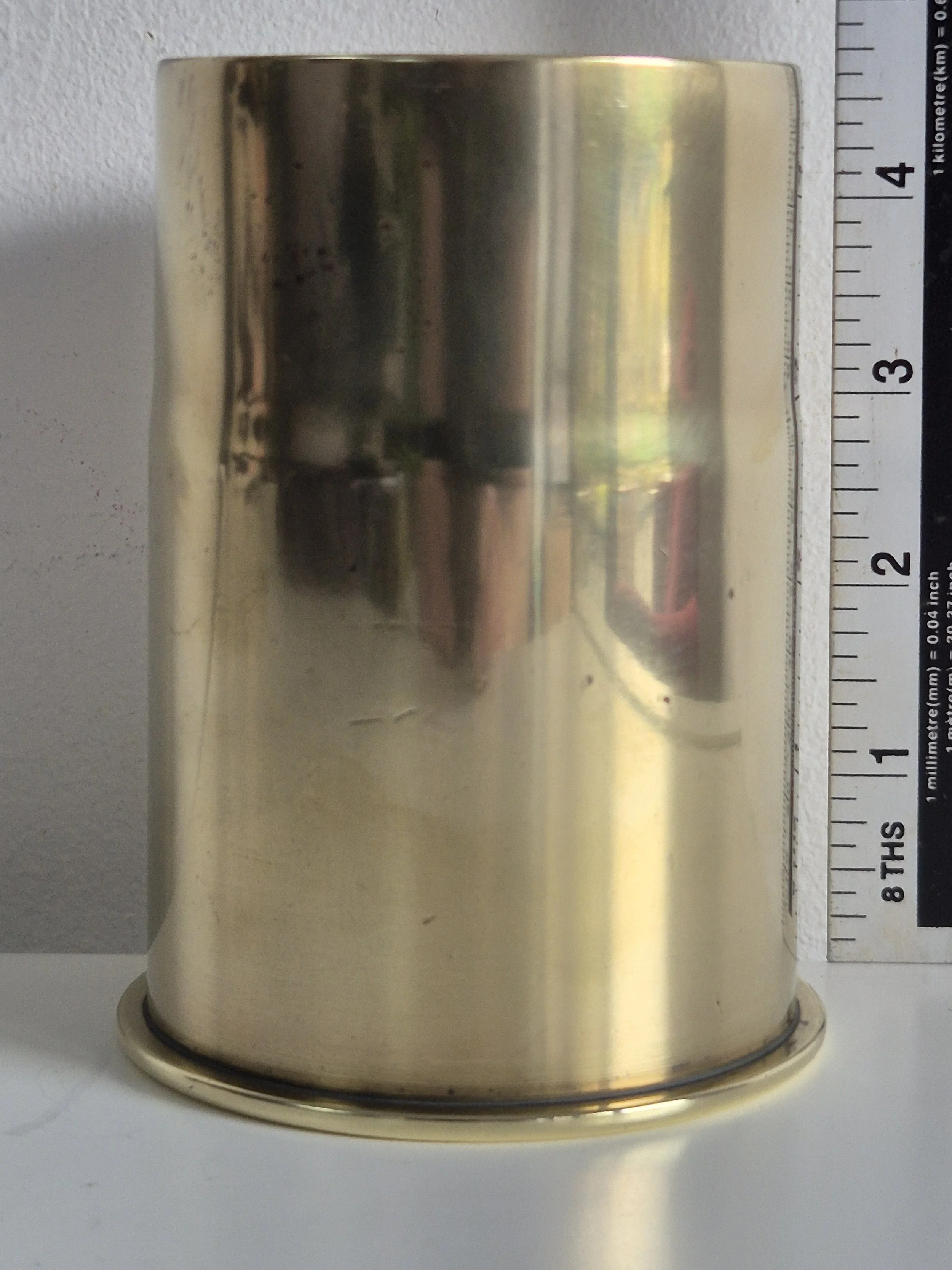 rare WW1 German brass case for the 77mm 1915 Karlsruhe "Blockhouse" gun dated 1915