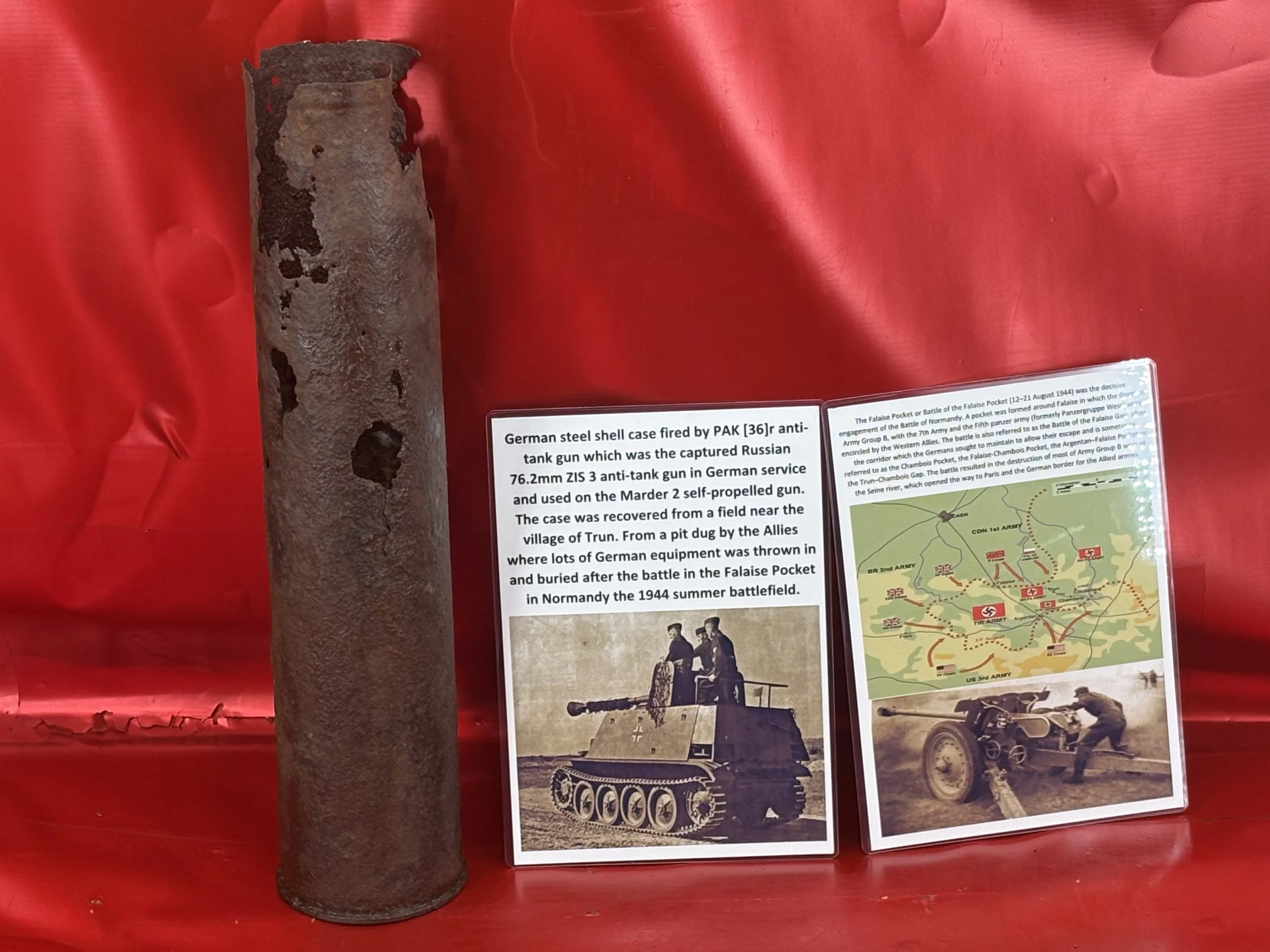 German steel shell case fired by PAK [36]r anti-tank gun/captured Russian 76.2mm ZIS 3 anti-tank gun in German service and on Marder 2 self-propelled gun,recovered near Trun in Normandy 1944 battle