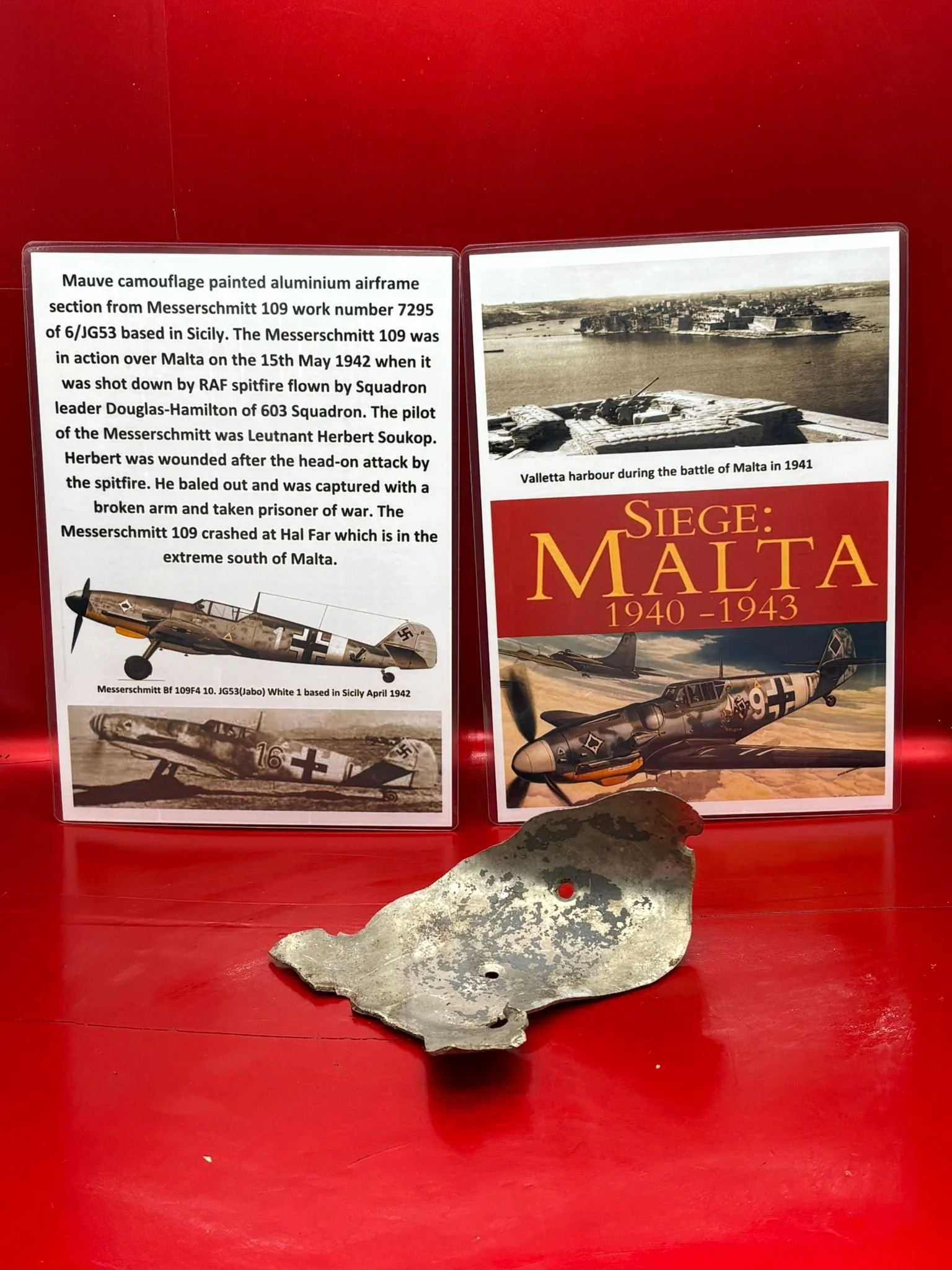 Mauve/gray camouflage paintwork airframe section from a Messerschmitt 109 work number 7295 of 6/JG53 shot down over Malta on the 15th May 1942