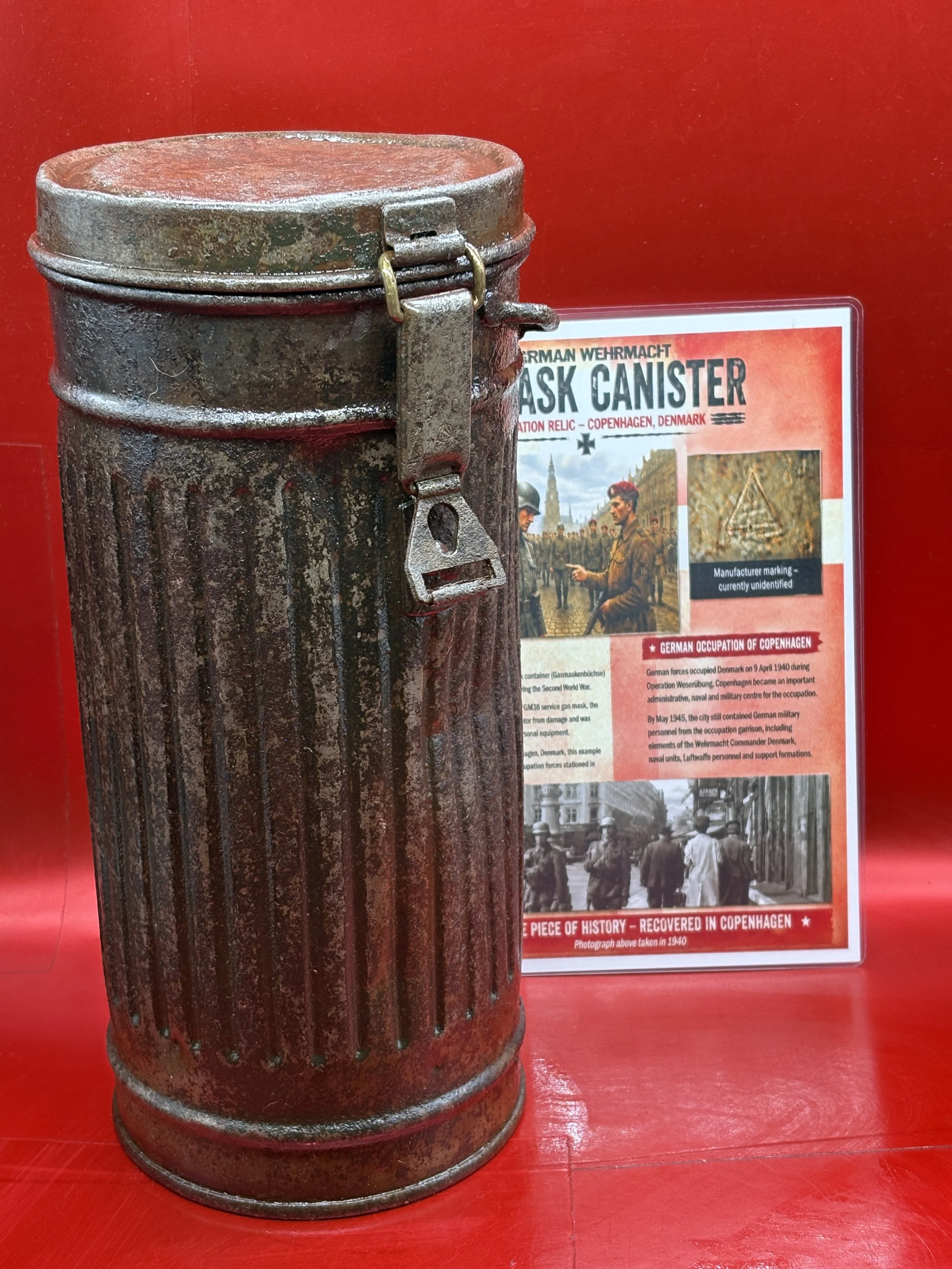 Nice condition German soldiers gas mask tin, maker marked with lots of paintwork found in Copenhagen from the occupation of Denmark