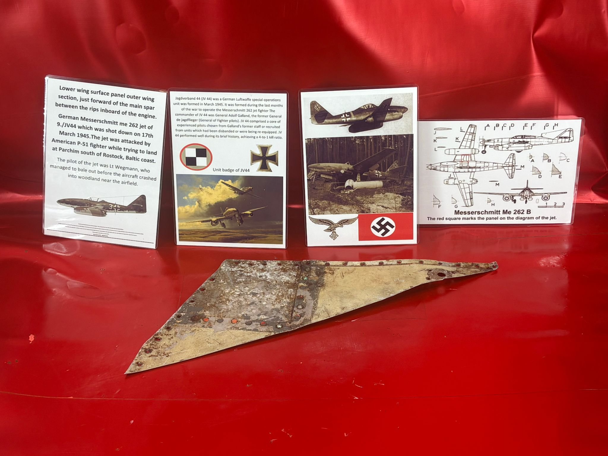 Extremely rare complete lower wing surface panel a outer wing section with green camouflage paintwork remains, recovered from German Messerschmitt me 262 jet of 9./JV44 shot down 17th March 1945