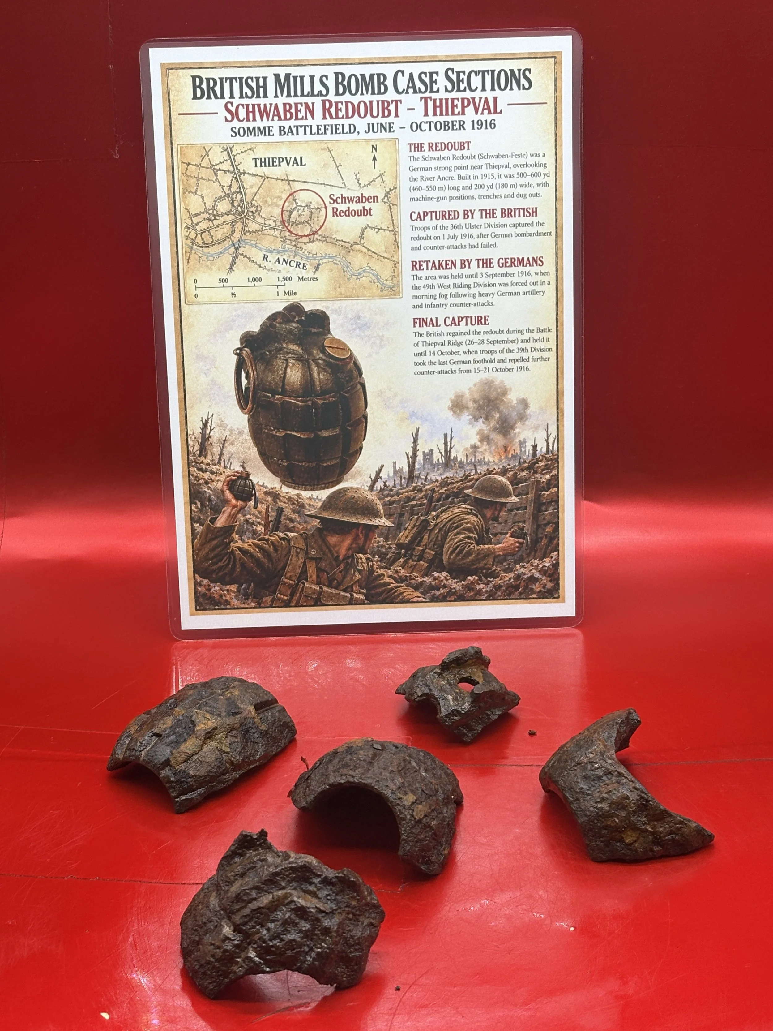 Group of blown mills bomb case sections from the area of the Schwaben Redoubt near Thiepval on the Somme Battlefield of June to October 1916.