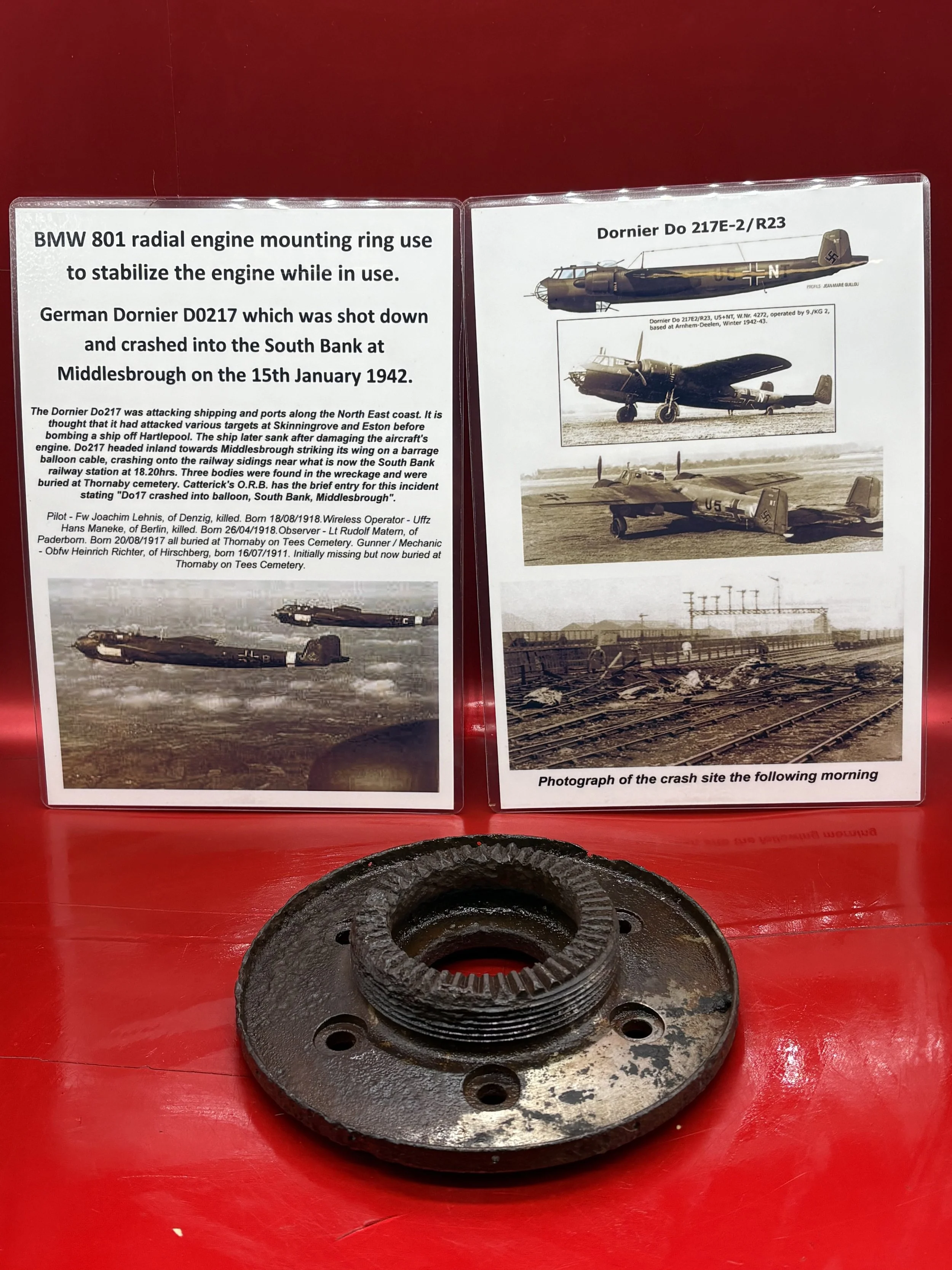 Mounting ring use to stabilize one of the BMW 801 radial engines from German Dornier D0217 shot down and crashed at Middlesbrough on the 15th January 1942 attacking shipping in Northern ports