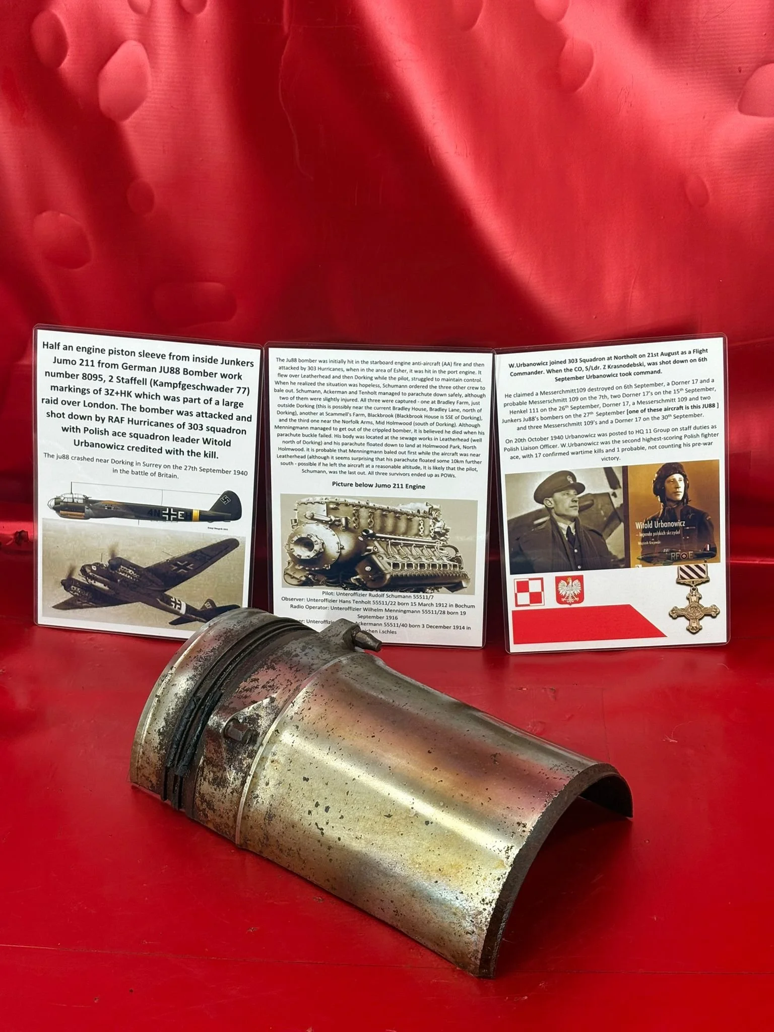 Engine piston sleeve half,lovely condition part  from Junkers Jumo 211 engine on German JU88 Bomber work number 8095 of KG77 shot down by Polish ace and crashed near Dorking on the 27th September 1940