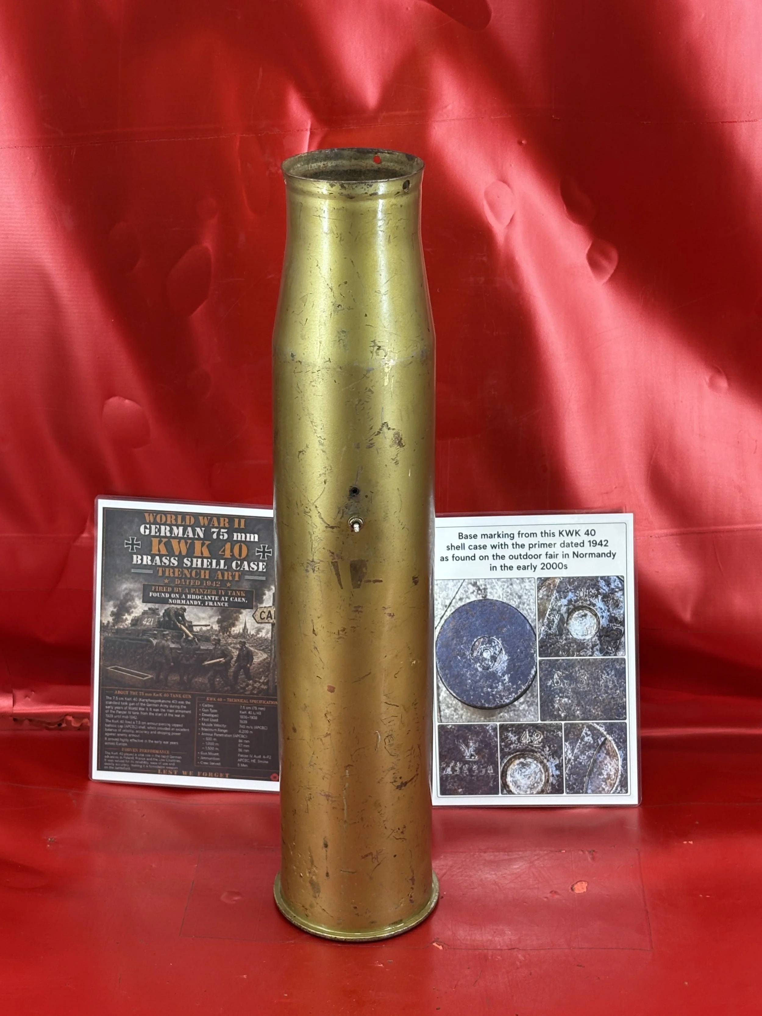 Lovely condition trench art German brass wash 75mm KwK40 shell case with markings, dated 1942 fired by Panzer 4 Tank found at Caen in Normandy 1944