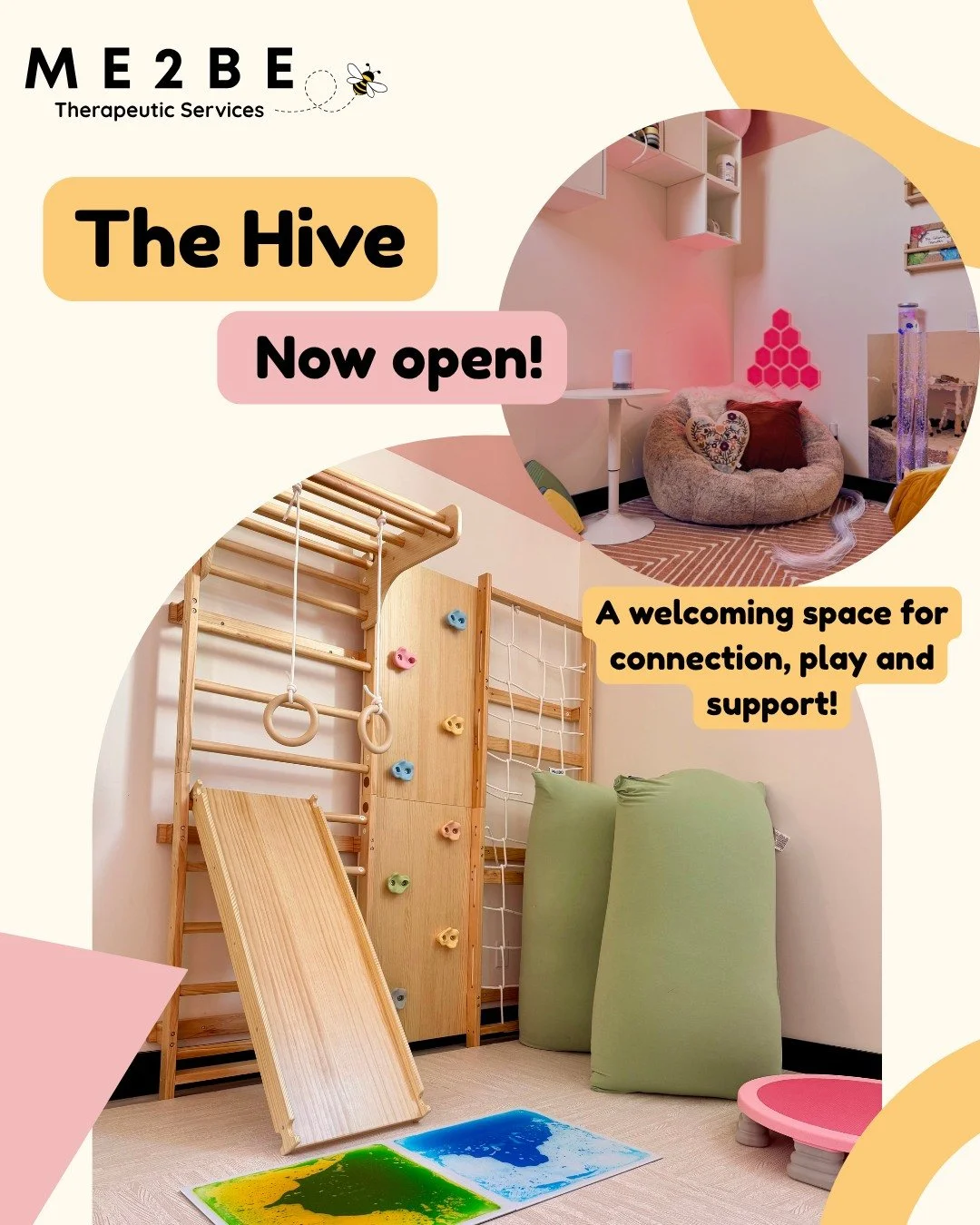 ✨ The Hive is officially OPEN! 🐝💛

We are so excited to welcome families into The Hive &mdash; Me2Be&rsquo;s new clinic space!

We&rsquo;ve created a space designed for connection, play, regulation, learning, and simply being you. A place where kid