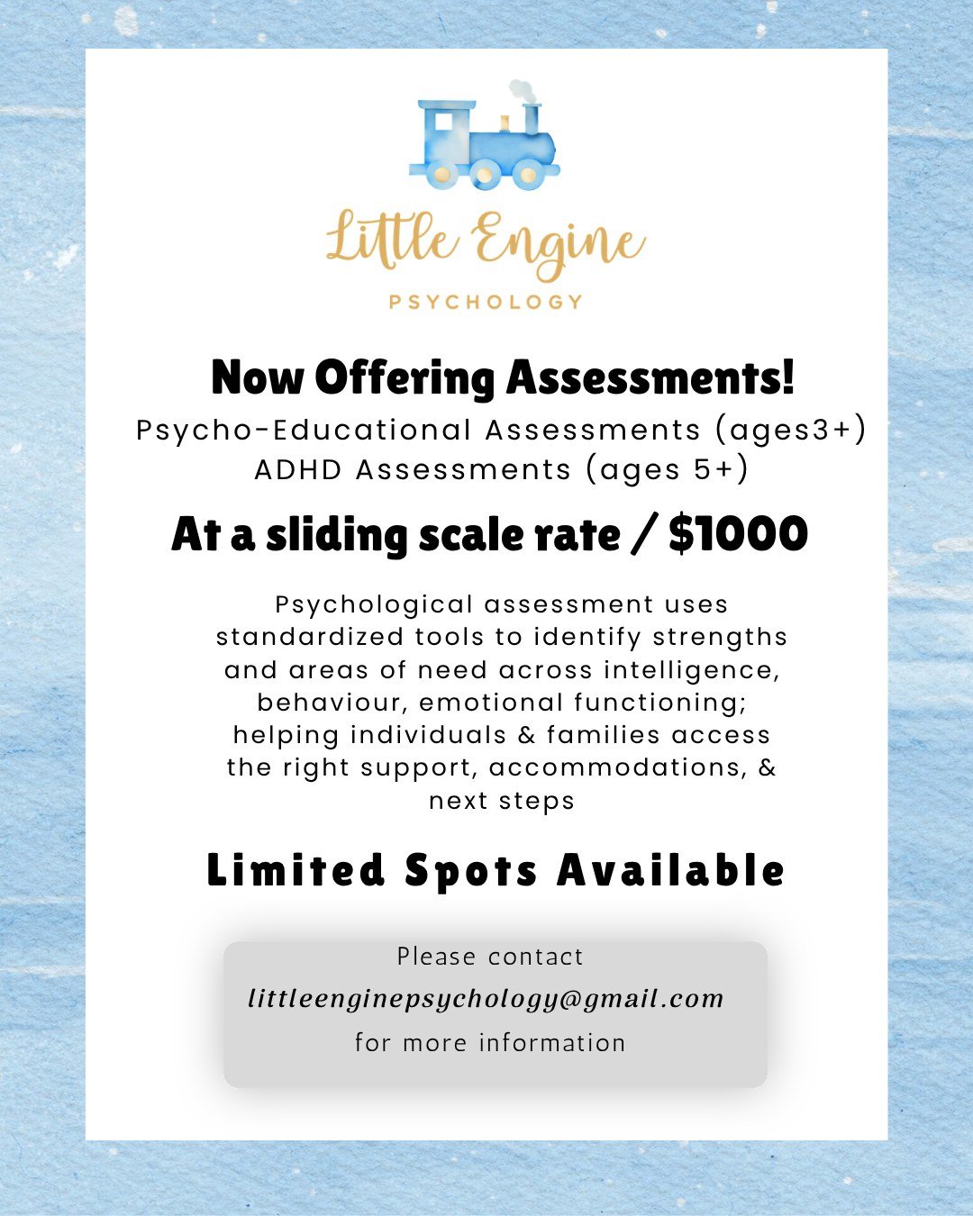 This is such a great opportunity and an excellent deal! If your family is looking for a Psycho-Educational Assessment or ADHD Assessment, Little Engine Psychology Services may be worth checking out.