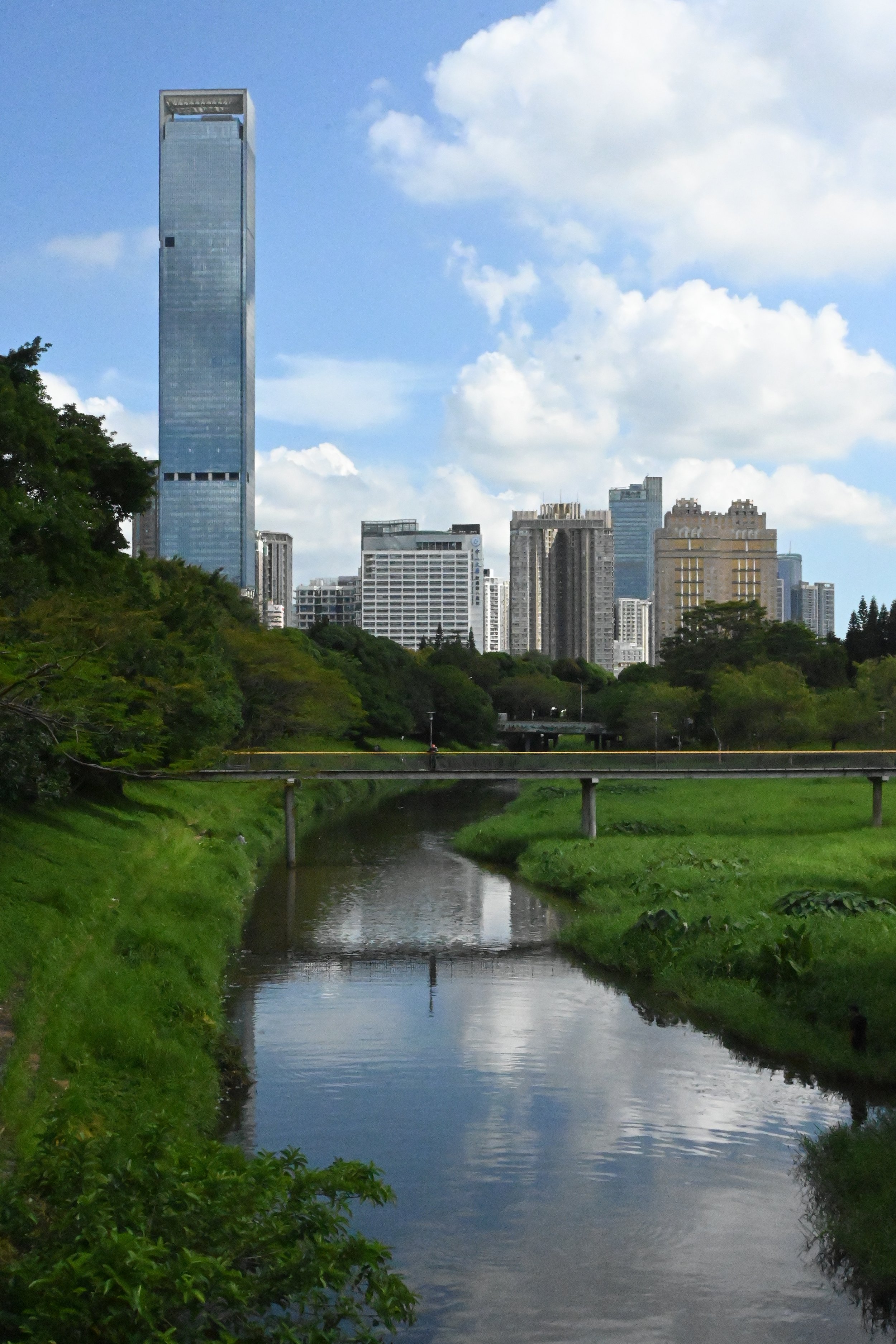 Paesaggio urbano con un fiume e diversi edifici moderni sullo sfondo, cielo con nuvole