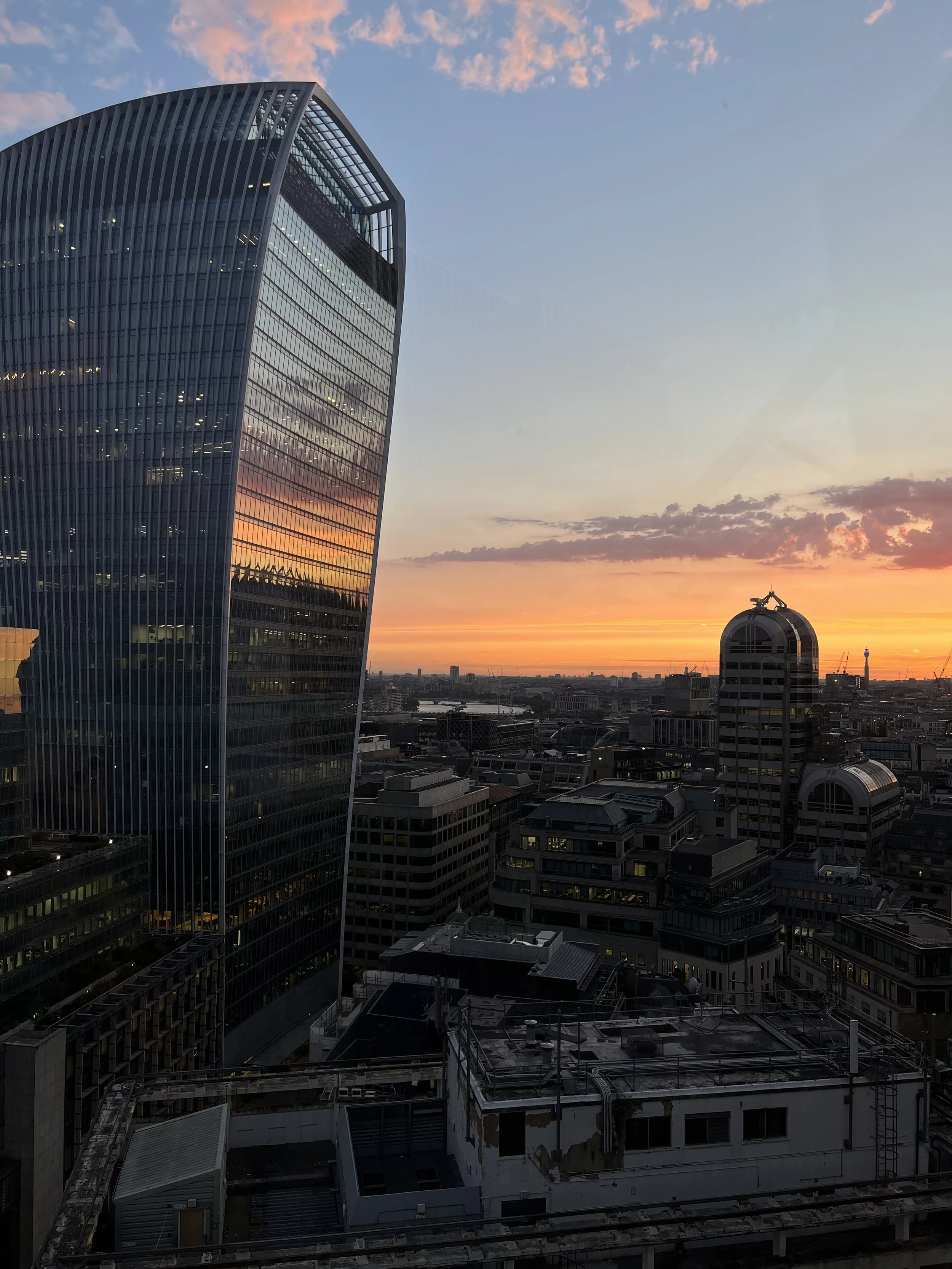Veduta di una città con grattacieli al tramonto, tra cui un edificio alto e curvato in vetro, e un cielo con nuvole colorate di rosa e arancione. The garden at 120.