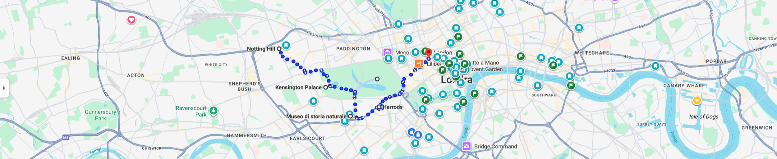 Mappa della città di Londra con vari punti di interesse e luoghi rappresentati da icone di diversi colori e simboli.