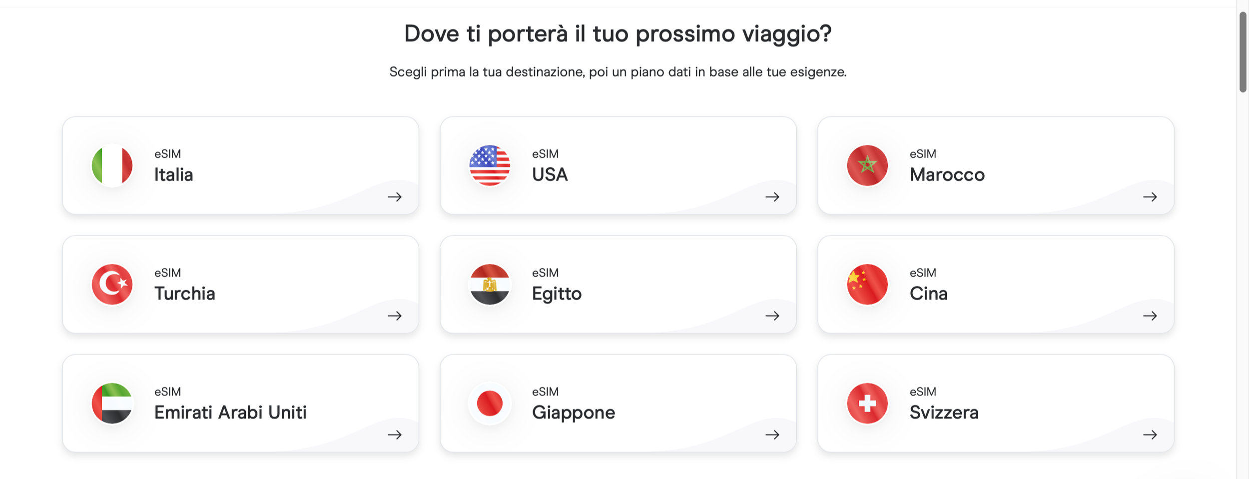 Schermata di un sito di eSIM con opzioni di destinazione di viaggio tra Italia, USA, Marocco, Turchia, Egitto, Cina, Emirati Arabi Uniti, Giappone e Svizzera, rappresentate con bandiere. Holafly.