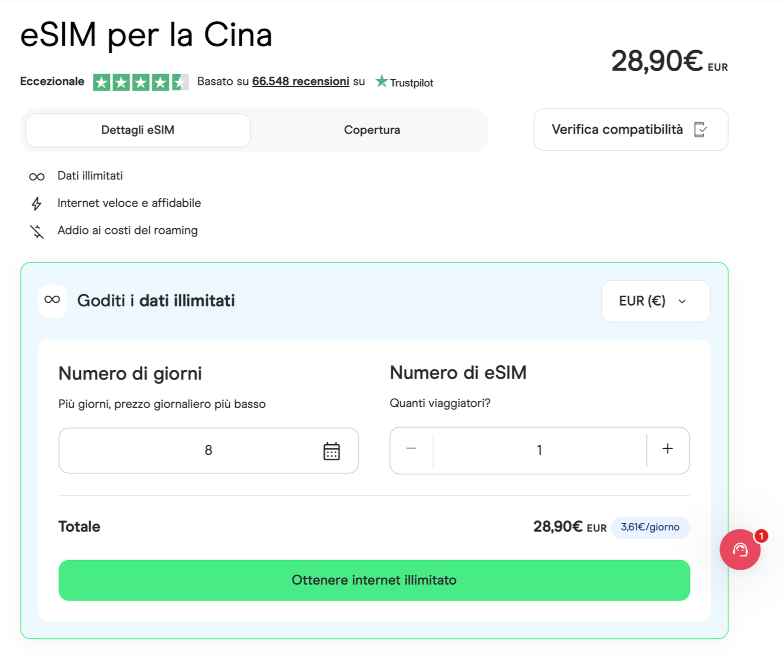 Pagina web che mostra un'offerta di eSIM per la Cina a 28,90 euro, con dettagli su dati illimitati, numero di giorni e numero di eSIM, e un pulsante verde per ottenere internet illimitato. Holafly.
