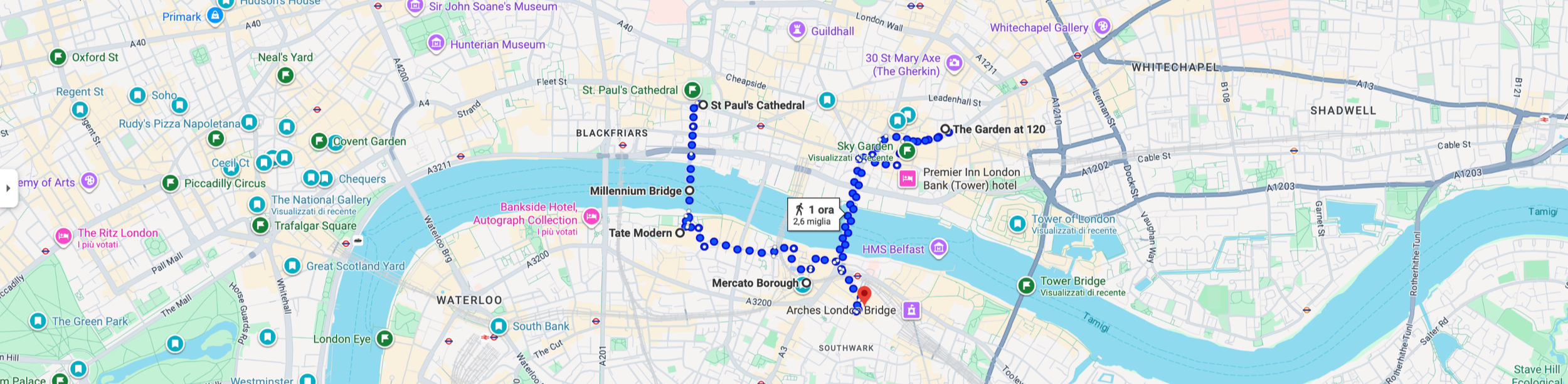 Mappa di Londra che mostra percorsi pedonali e punti di interesse, tra cui Tower Bridge, St. Paul's Cathedral e HMS Belfast.
