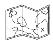 Mappa di un tesoro con 'X' e percorsi