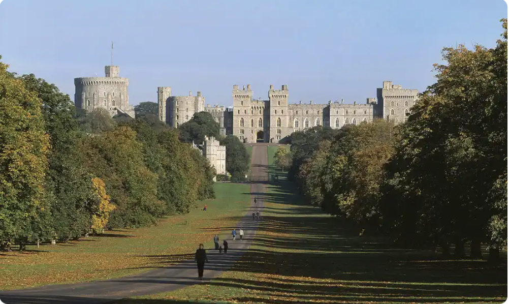 Castello di Windsor visto da un parco con alberi autunnali
