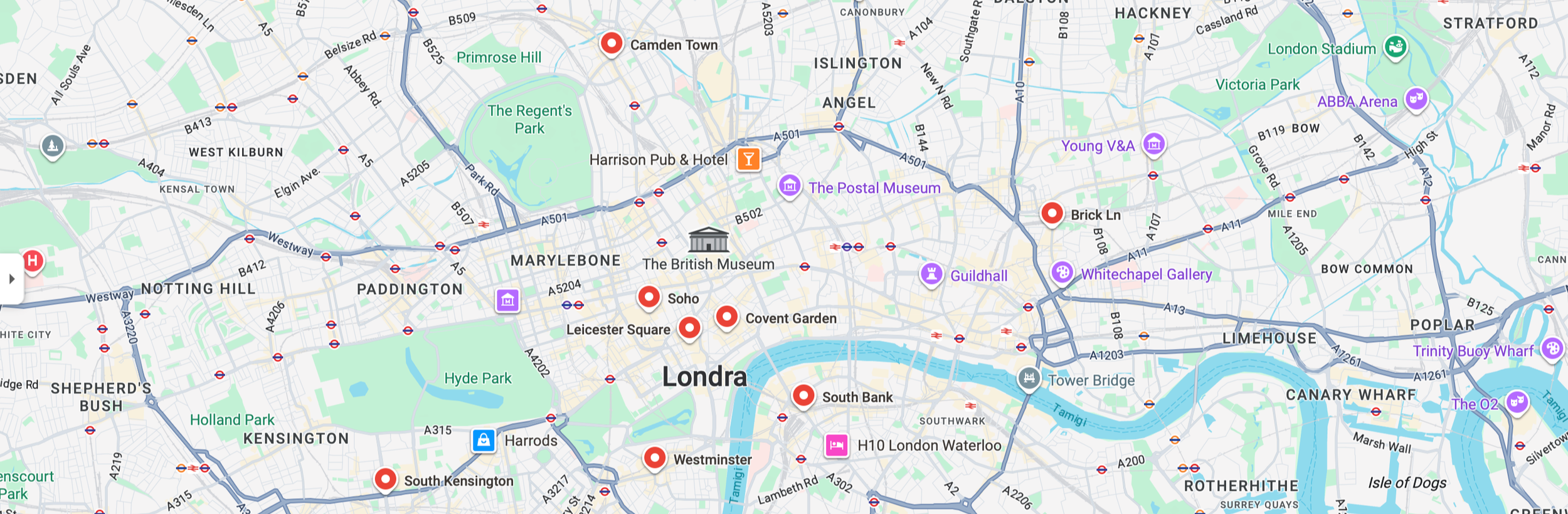 Carta geografica di Londra con marcatori per attrazioni principali come Camden Town, Soho, South Bank, Westminster e altre, oltre a linee della metropolitana e punti di interesse culturale.