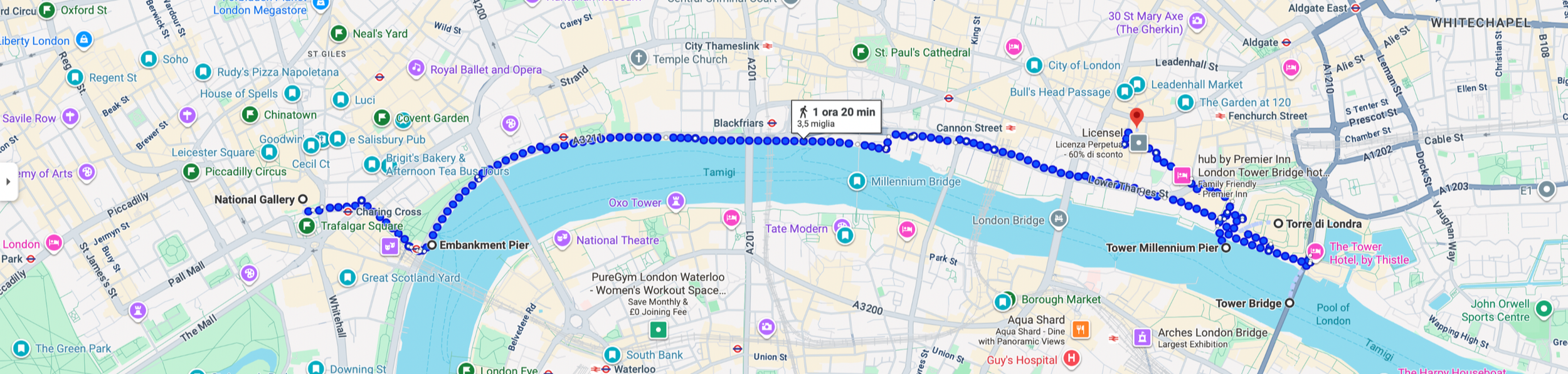 Mappa di Londra con percorso pedonale evidenziato lungo il fiume Tamigi, dalla Torre di Londra a un punto vicino a Oxford Street, con punti di interesse e percorsi segnati.