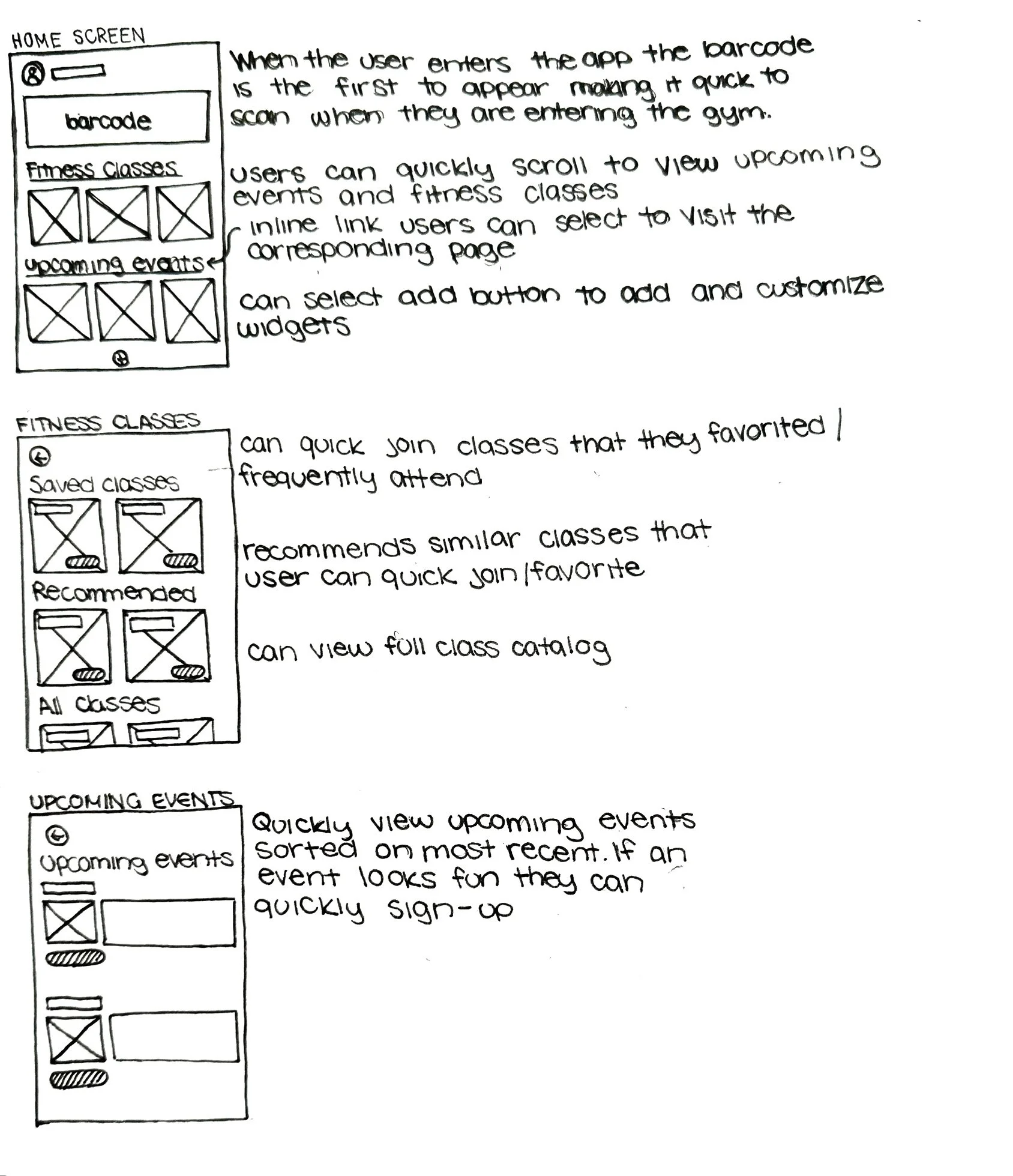 After reviewing the Crazy 8 sketches as a team, we used dot voting to select the strongest solutions. Based on this feedback, I developed three screens into solution sketches to further refine the ideas and identify issues that may have been overlook